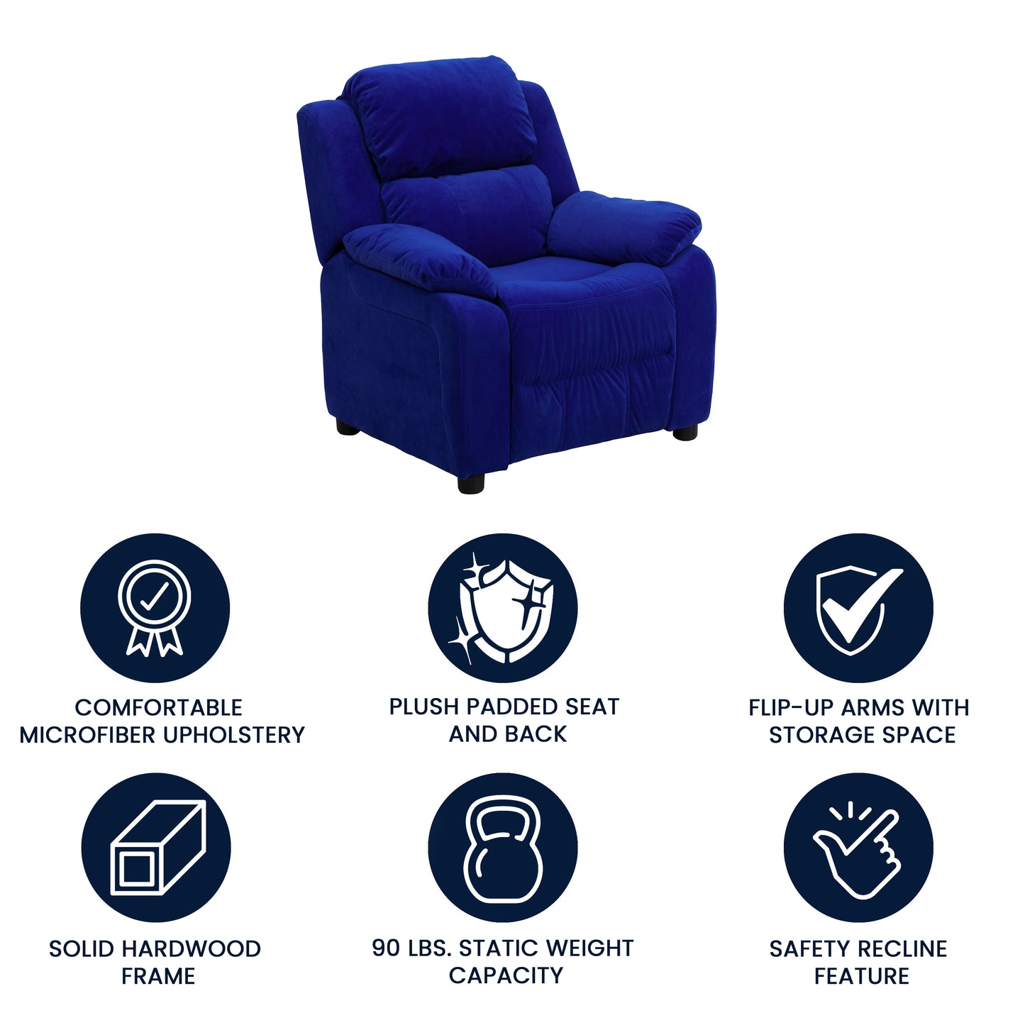 Charlie Deluxe Padded Contemporary Blue Microfiber Kids Recliner with Storage Arms Blue Microfiber