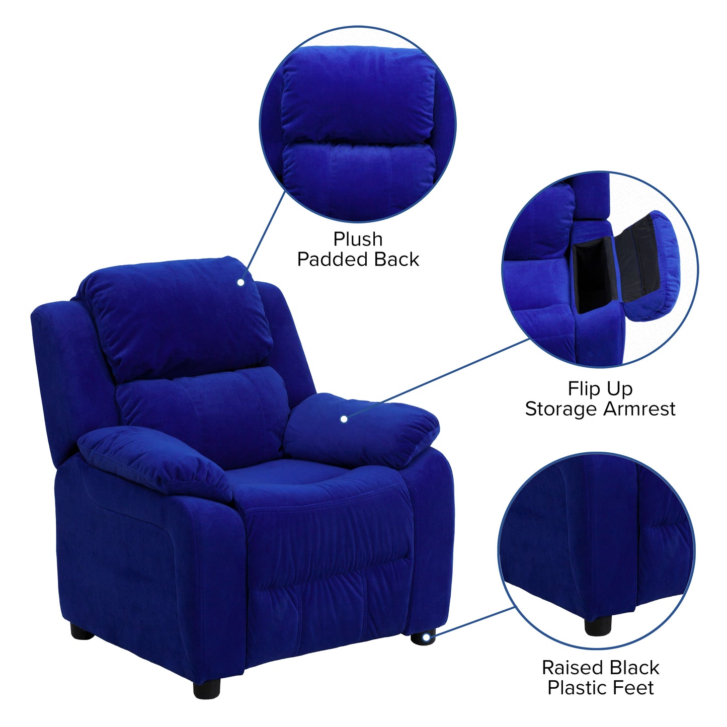 Charlie Deluxe Padded Contemporary Blue Microfiber Kids Recliner with Storage Arms Blue Microfiber
