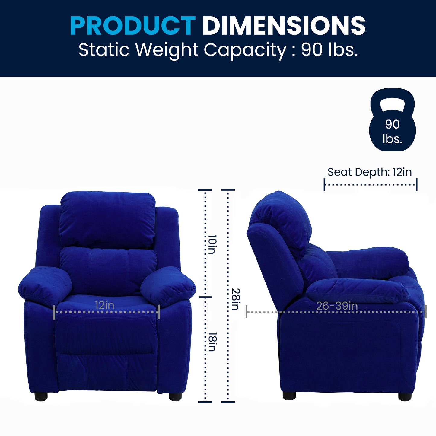 Charlie Deluxe Padded Contemporary Blue Microfiber Kids Recliner with Storage Arms Blue Microfiber