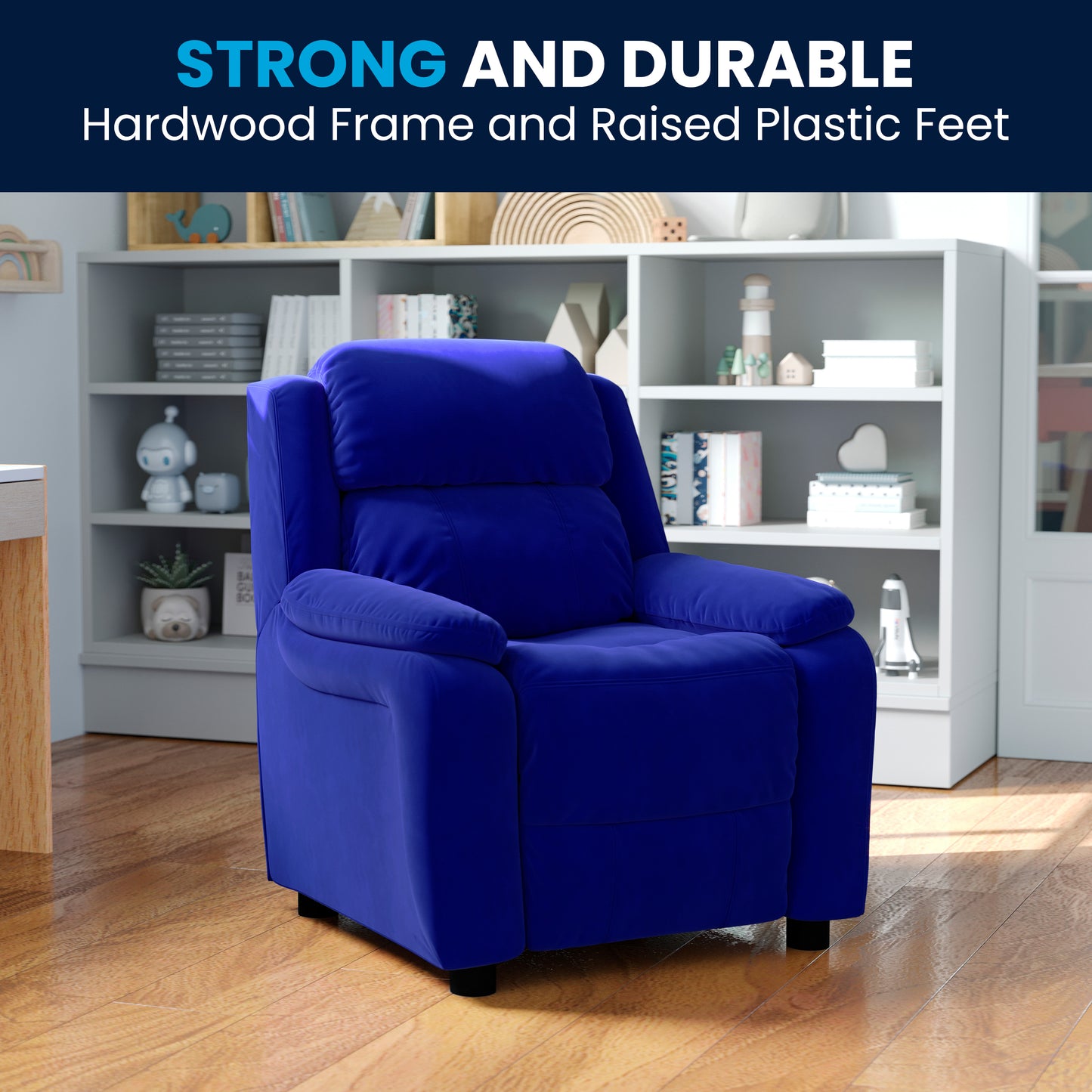Charlie Deluxe Padded Contemporary Blue Microfiber Kids Recliner with Storage Arms Blue Microfiber