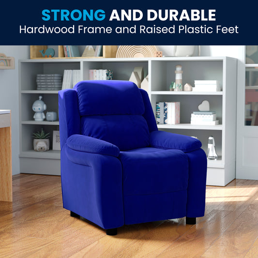 Charlie Deluxe Padded Contemporary Blue Microfiber Kids Recliner with Storage Arms Blue Microfiber