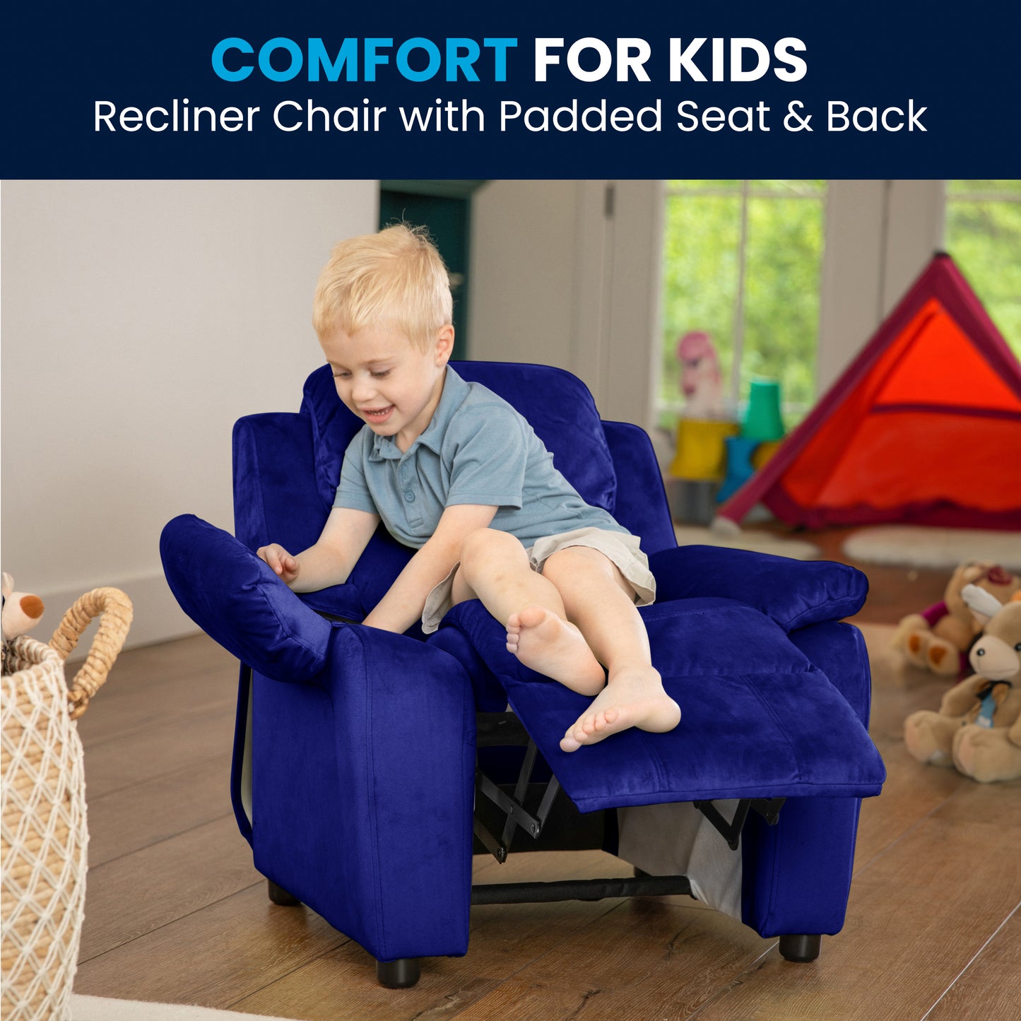 Charlie Deluxe Padded Contemporary Blue Microfiber Kids Recliner with Storage Arms Blue Microfiber