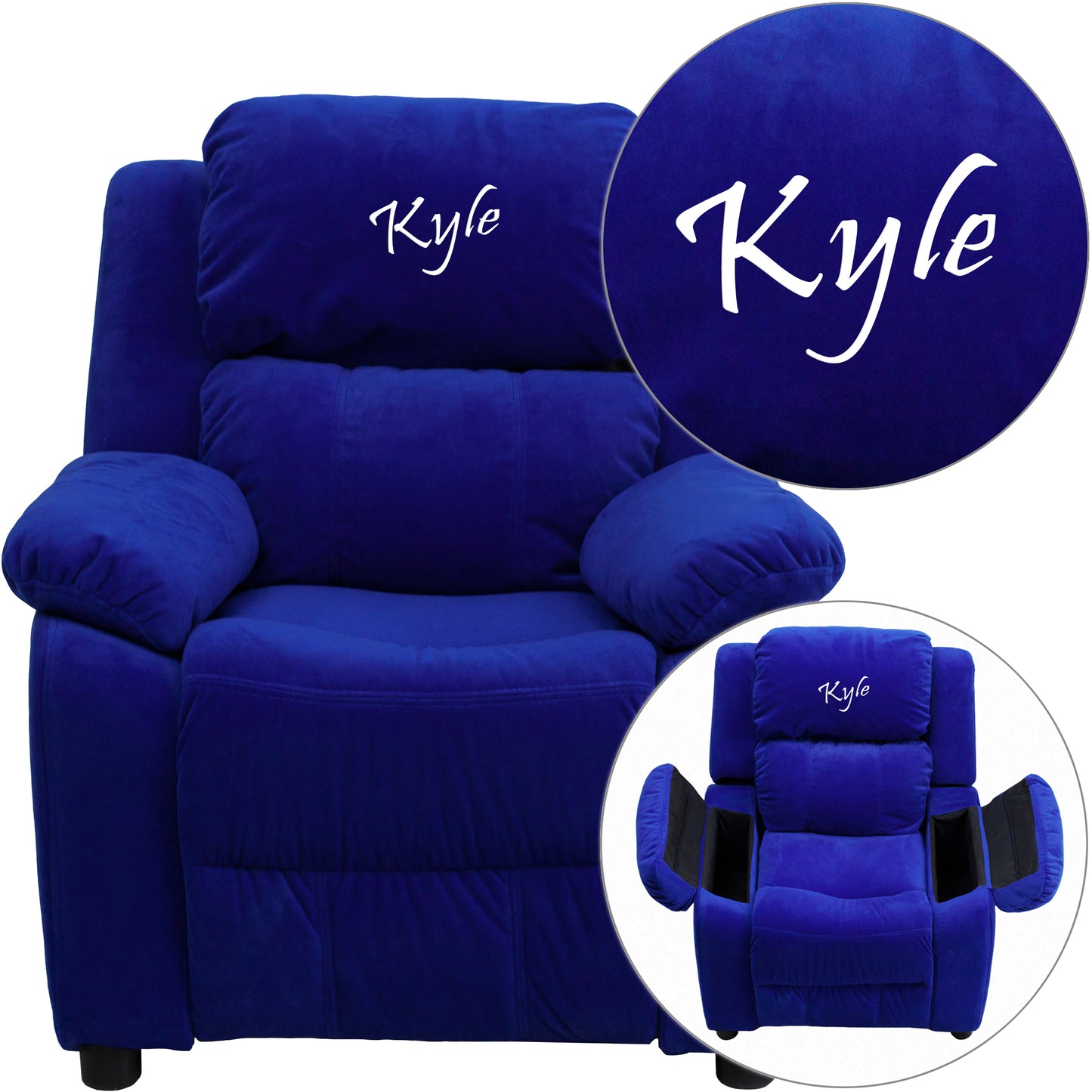 Personalized Deluxe Padded Blue Microfiber Kids Recliner with Storage Arms Blue Microfiber