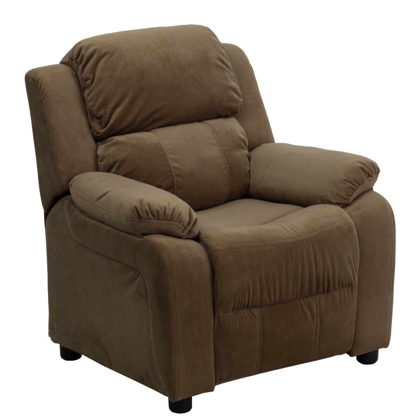 Charlie Deluxe Padded Contemporary Brown Microfiber Kids Recliner with Storage Arms Brown Microfiber