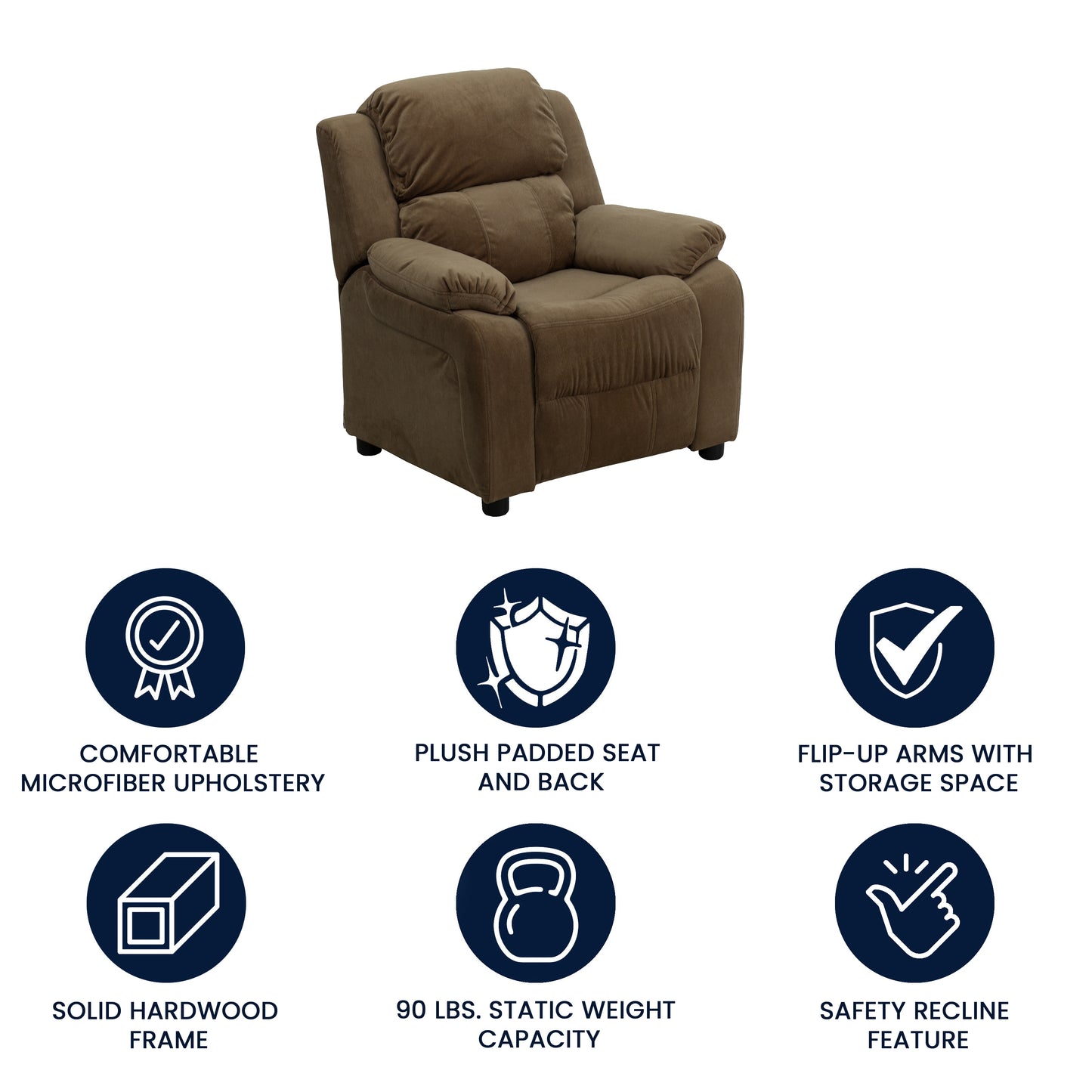 Charlie Deluxe Padded Contemporary Brown Microfiber Kids Recliner with Storage Arms Brown Microfiber