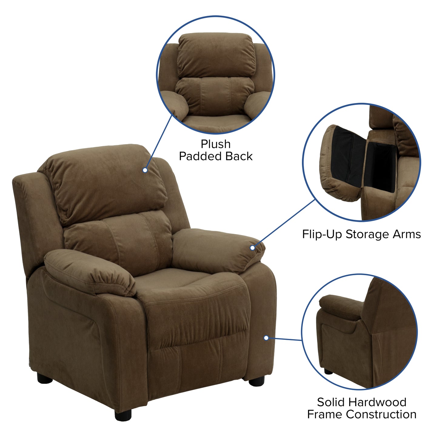 Charlie Deluxe Padded Contemporary Brown Microfiber Kids Recliner with Storage Arms Brown Microfiber