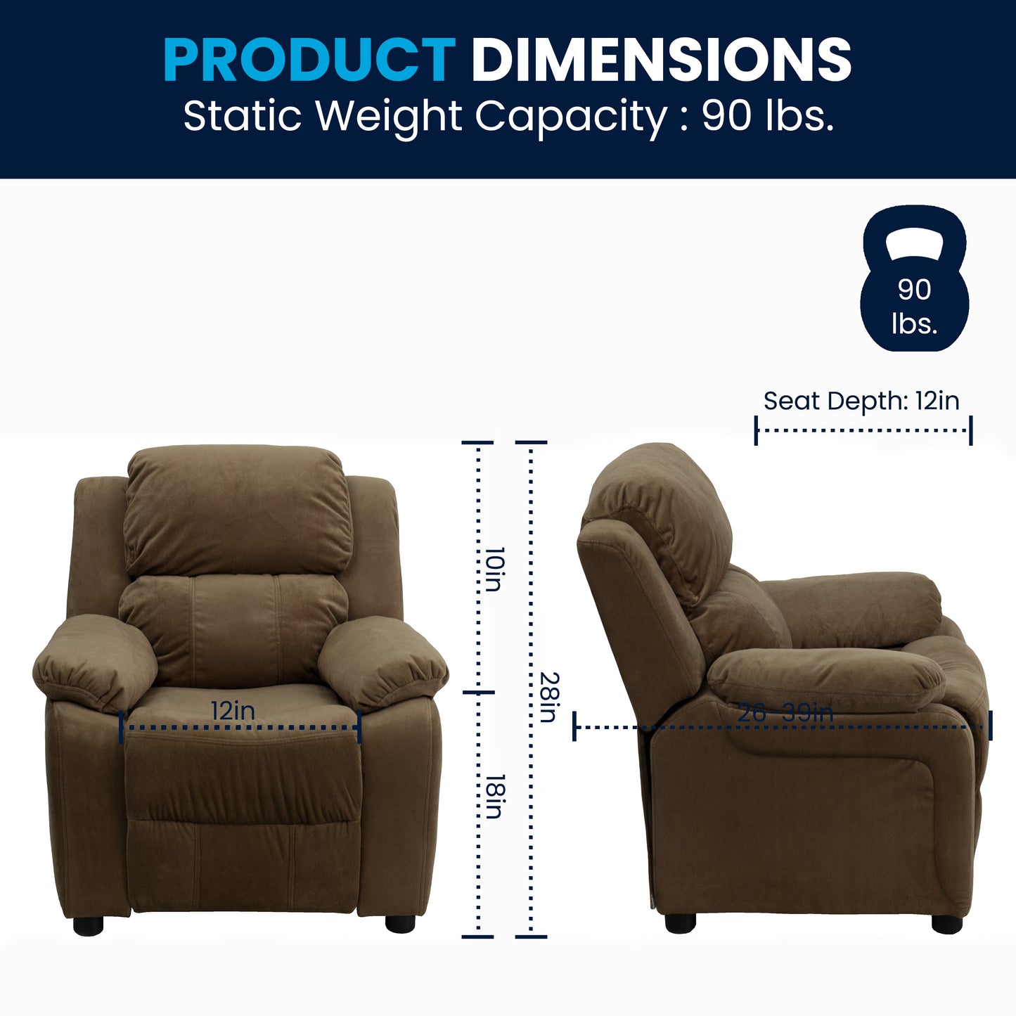 Charlie Deluxe Padded Contemporary Brown Microfiber Kids Recliner with Storage Arms Brown Microfiber
