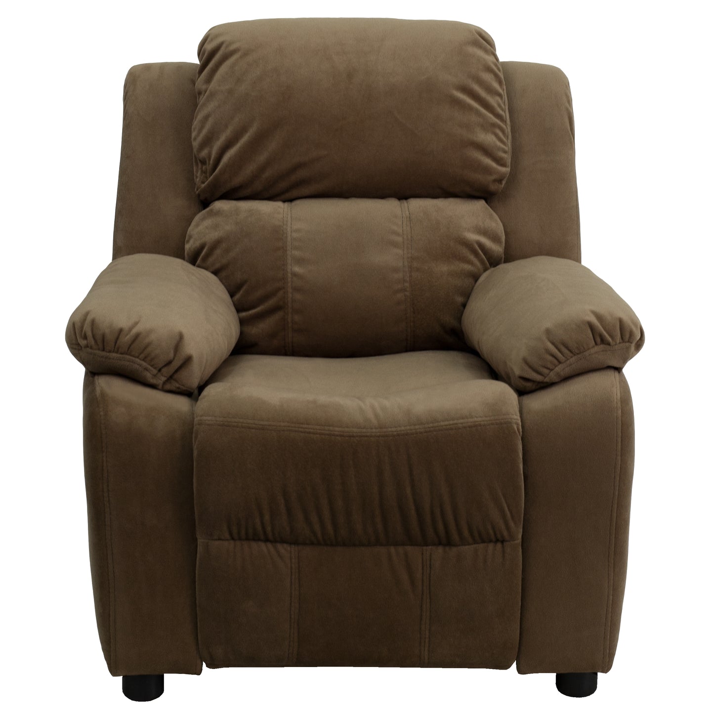 Charlie Deluxe Padded Contemporary Brown Microfiber Kids Recliner with Storage Arms Brown Microfiber