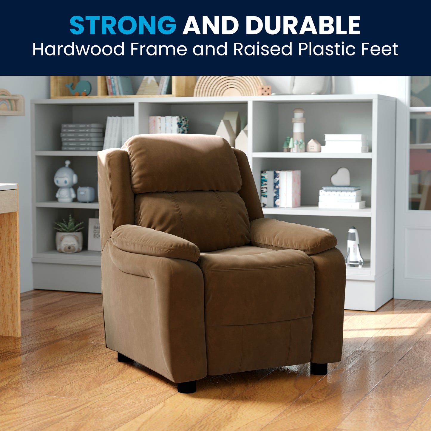Charlie Deluxe Padded Contemporary Brown Microfiber Kids Recliner with Storage Arms Brown Microfiber