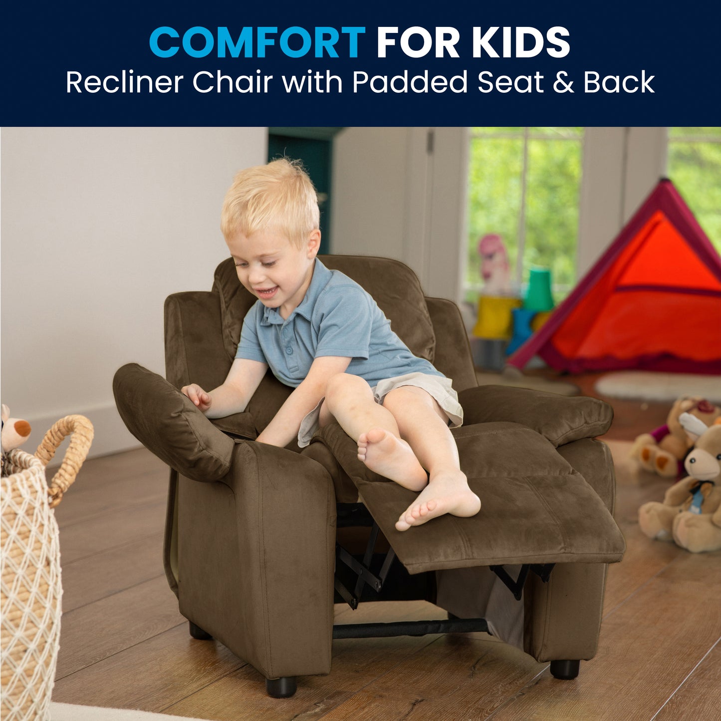 Charlie Deluxe Padded Contemporary Brown Microfiber Kids Recliner with Storage Arms Brown Microfiber