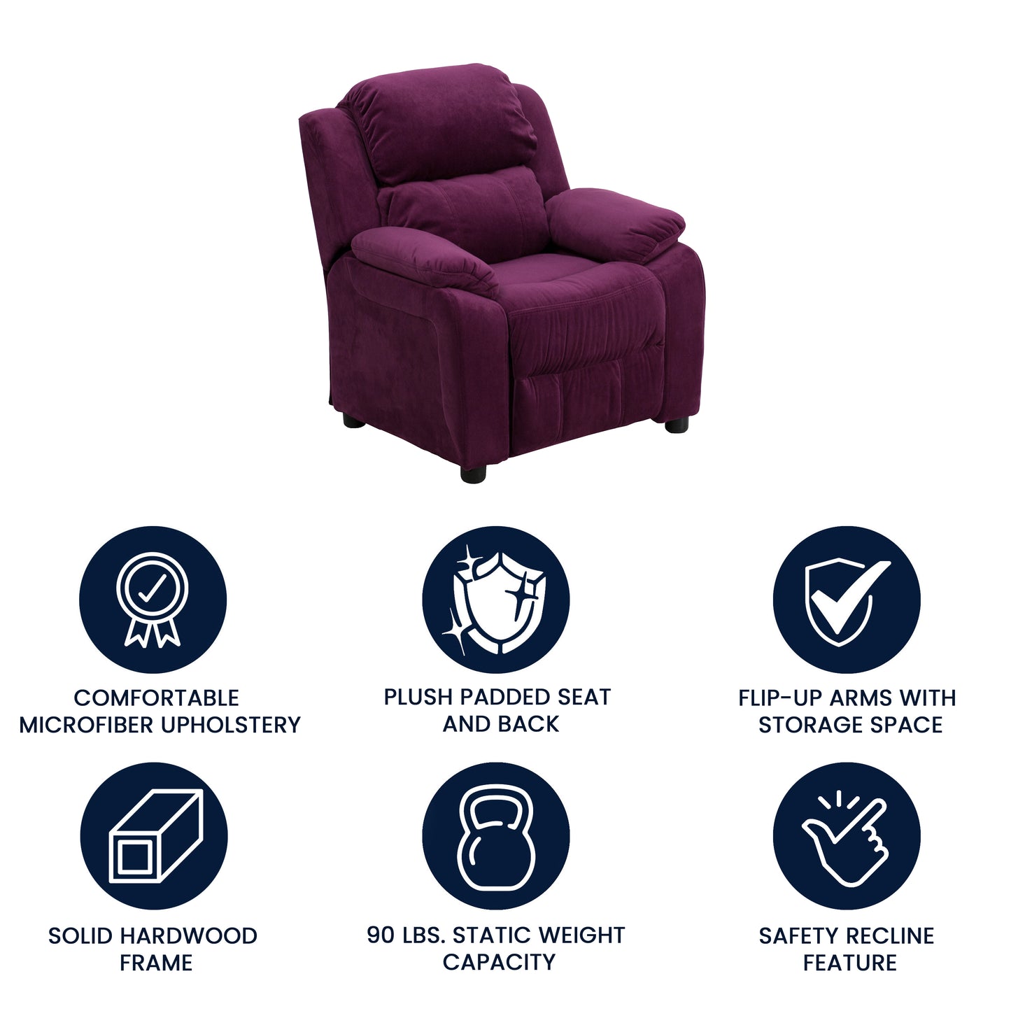 Charlie Deluxe Padded Contemporary Purple Microfiber Kids Recliner with Storage Arms Purple Microfiber