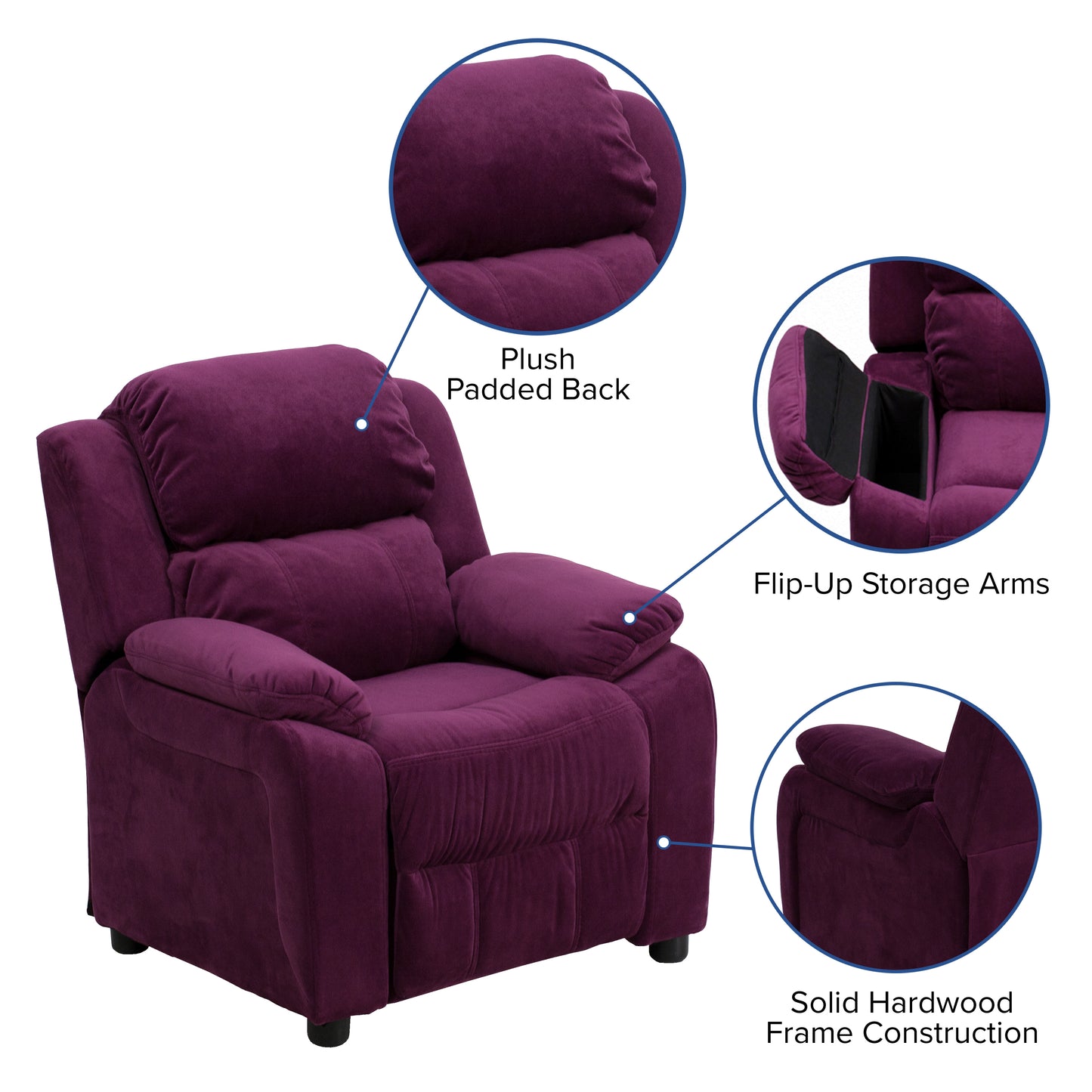 Charlie Deluxe Padded Contemporary Purple Microfiber Kids Recliner with Storage Arms Purple Microfiber