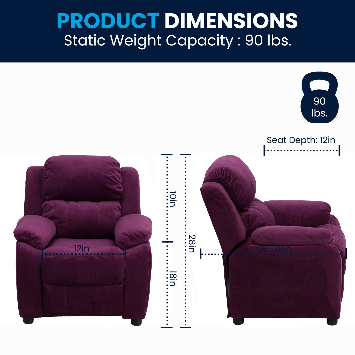 Charlie Deluxe Padded Contemporary Purple Microfiber Kids Recliner with Storage Arms Purple Microfiber
