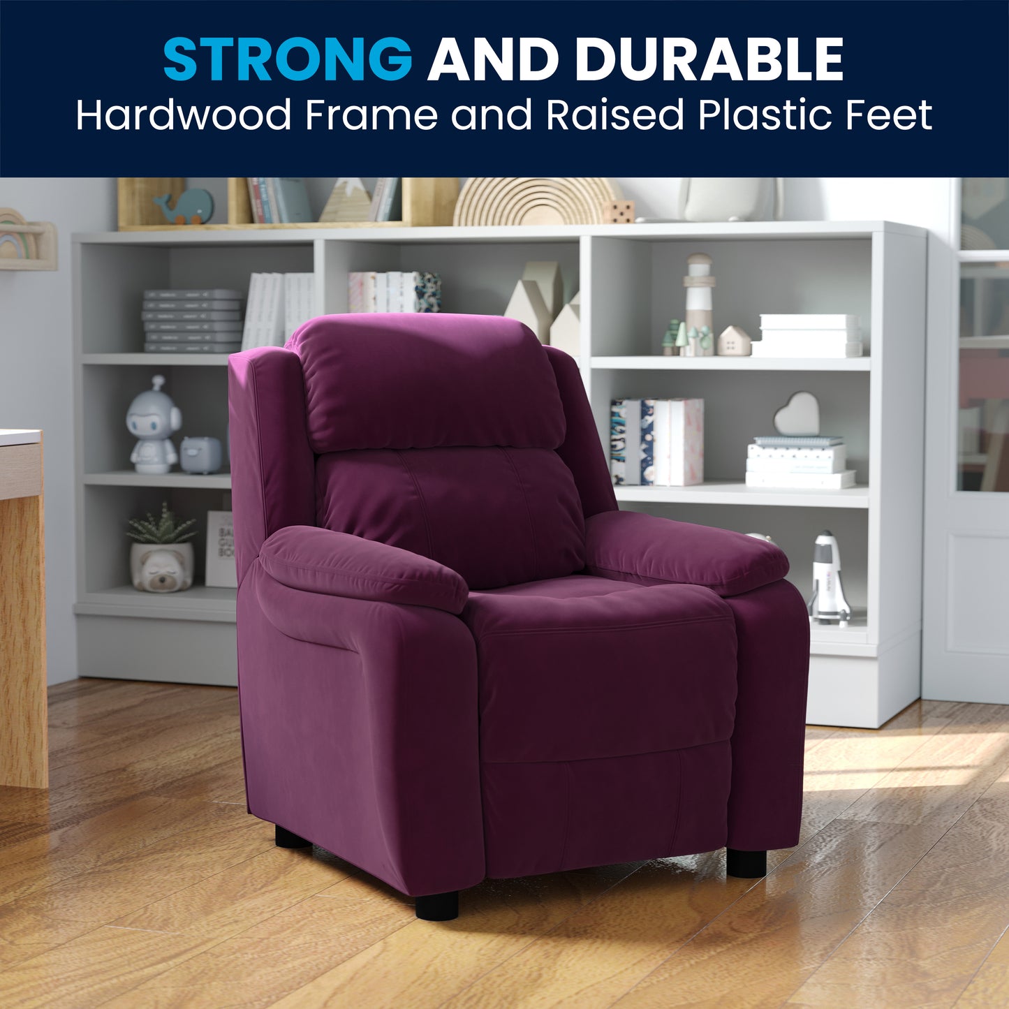 Charlie Deluxe Padded Contemporary Purple Microfiber Kids Recliner with Storage Arms Purple Microfiber