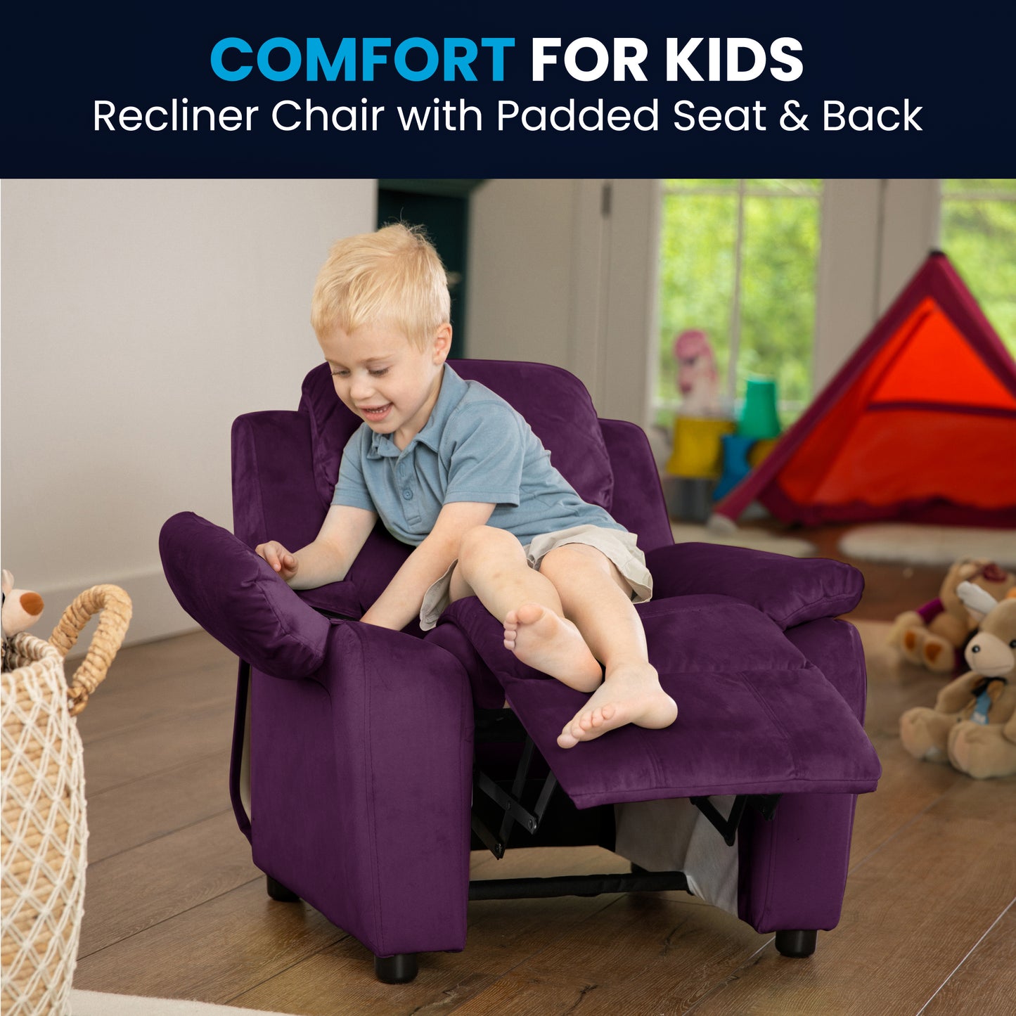 Charlie Deluxe Padded Contemporary Purple Microfiber Kids Recliner with Storage Arms Purple Microfiber