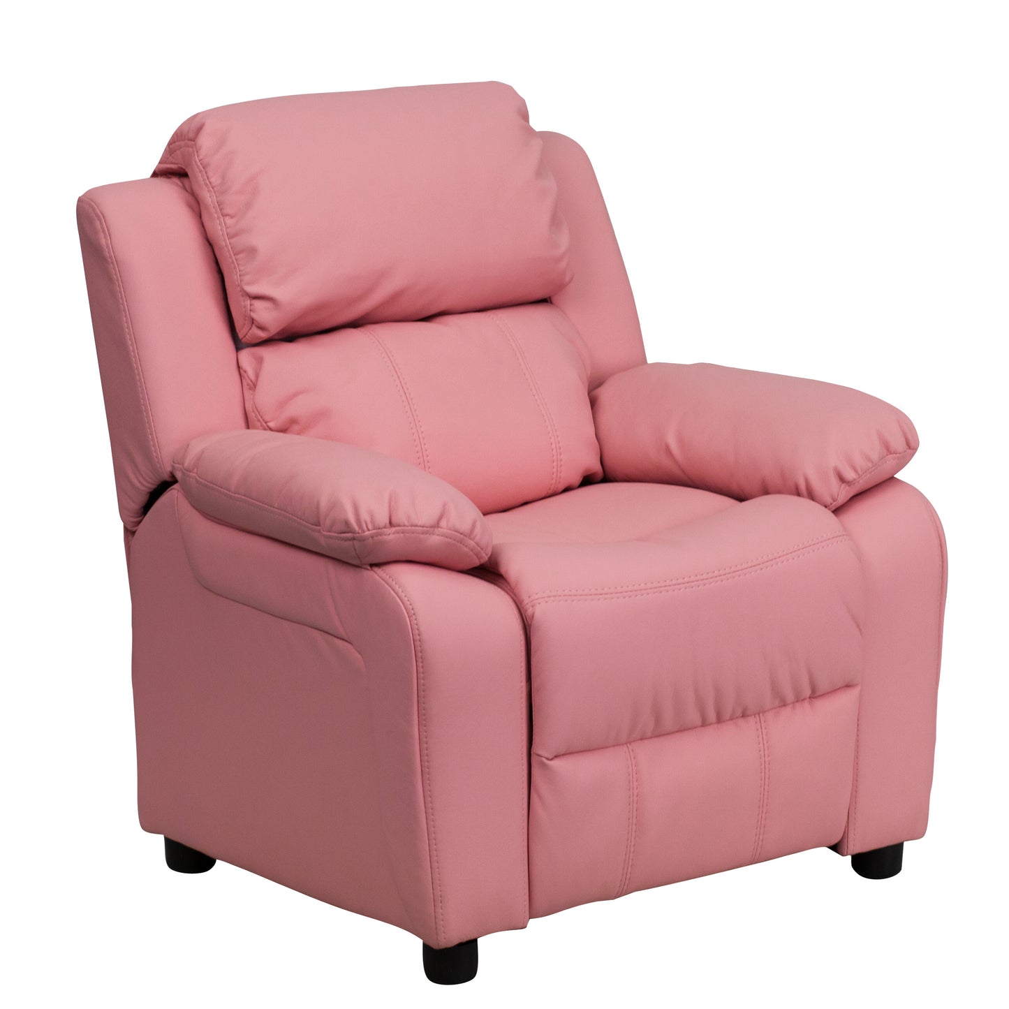 Charlie Deluxe Padded Contemporary Pink Vinyl Kids Recliner with Storage Arms Pink Vinyl