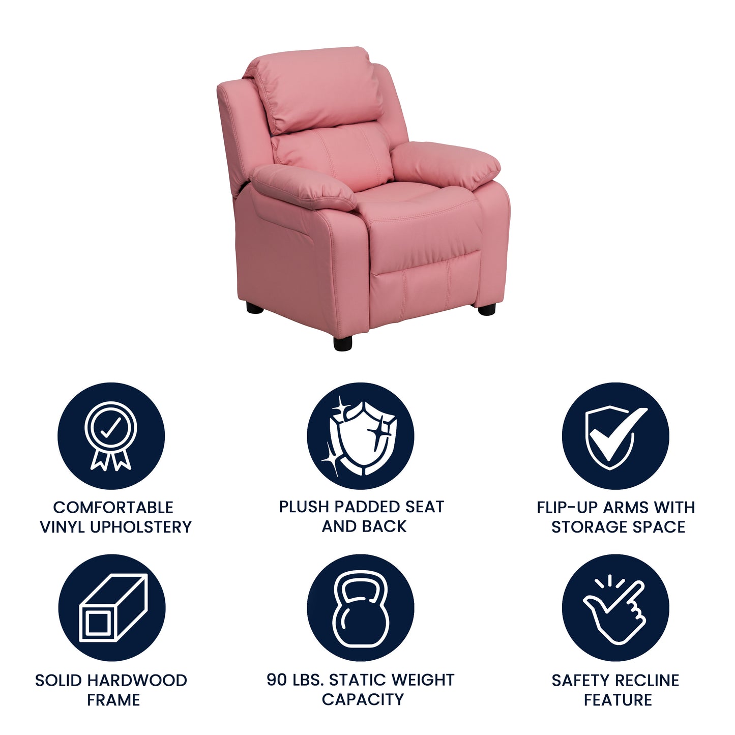 Charlie Deluxe Padded Contemporary Pink Vinyl Kids Recliner with Storage Arms Pink Vinyl