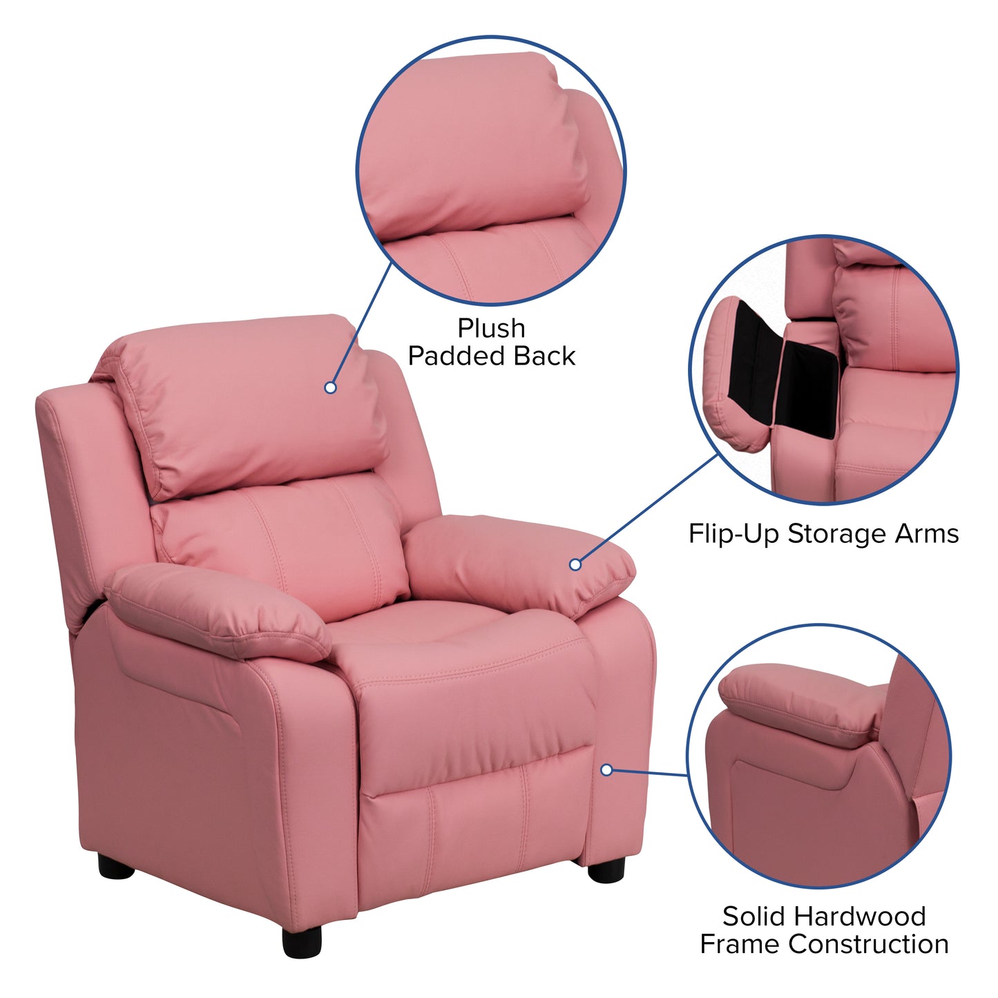 Charlie Deluxe Padded Contemporary Pink Vinyl Kids Recliner with Storage Arms Pink Vinyl