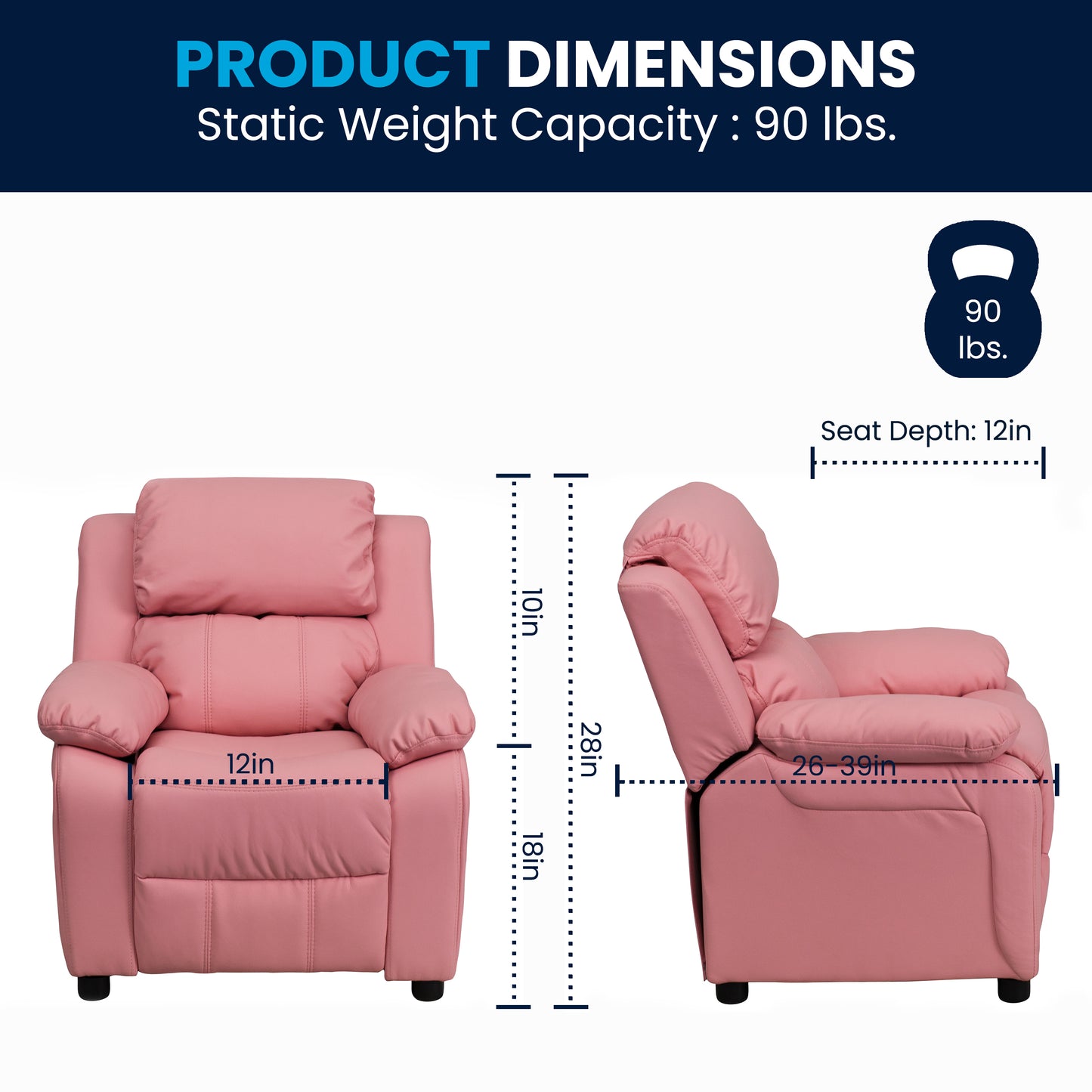 Charlie Deluxe Padded Contemporary Pink Vinyl Kids Recliner with Storage Arms Pink Vinyl