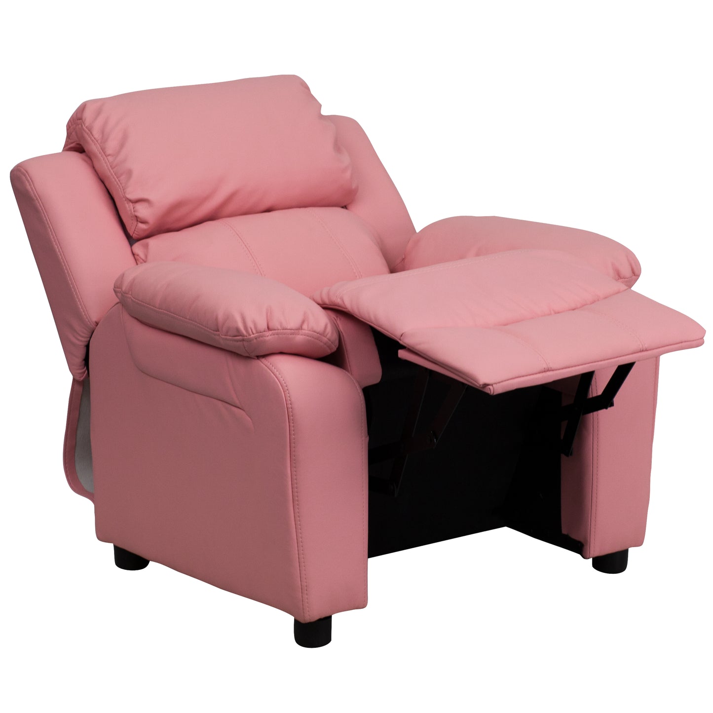 Charlie Deluxe Padded Contemporary Pink Vinyl Kids Recliner with Storage Arms Pink Vinyl
