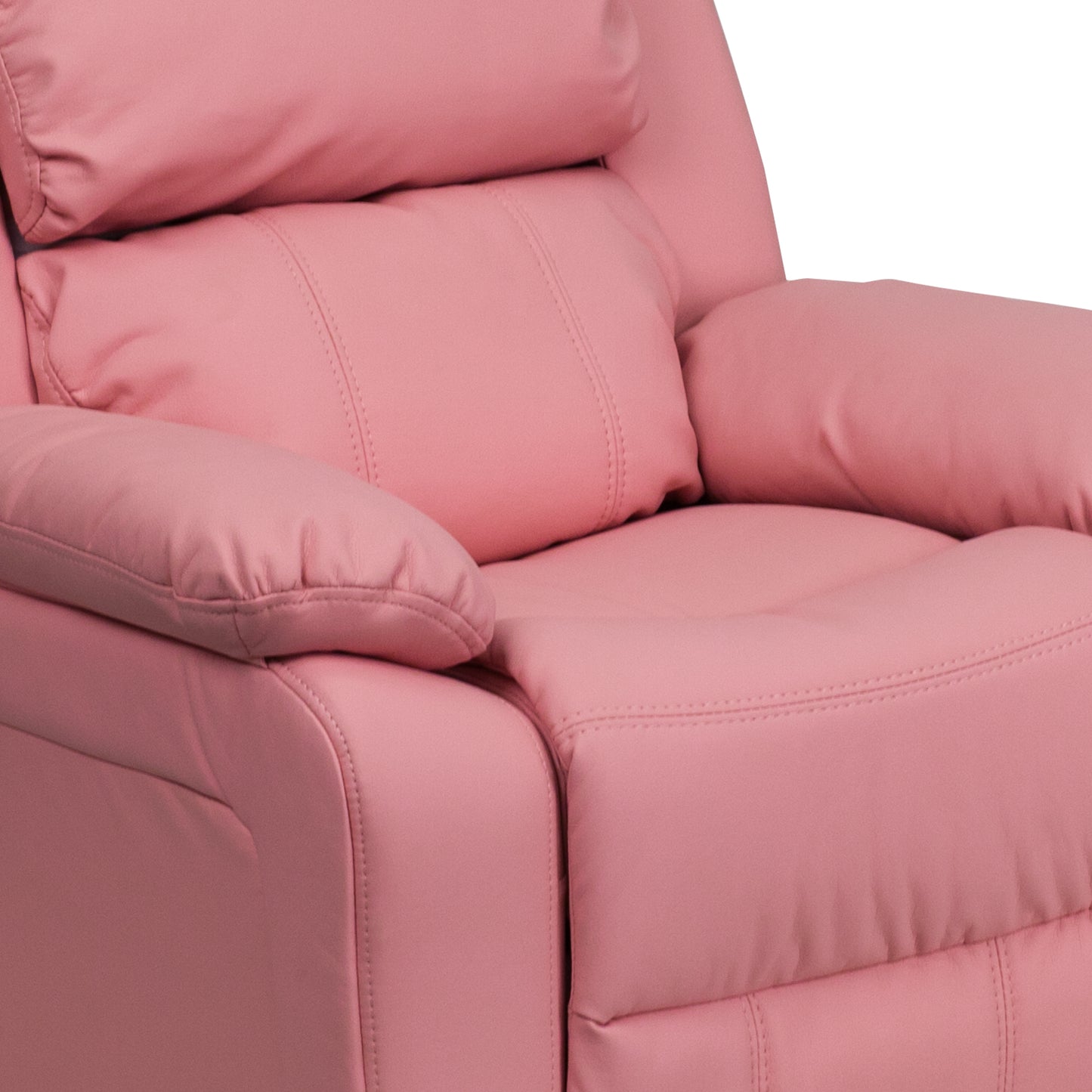 Charlie Deluxe Padded Contemporary Pink Vinyl Kids Recliner with Storage Arms Pink Vinyl