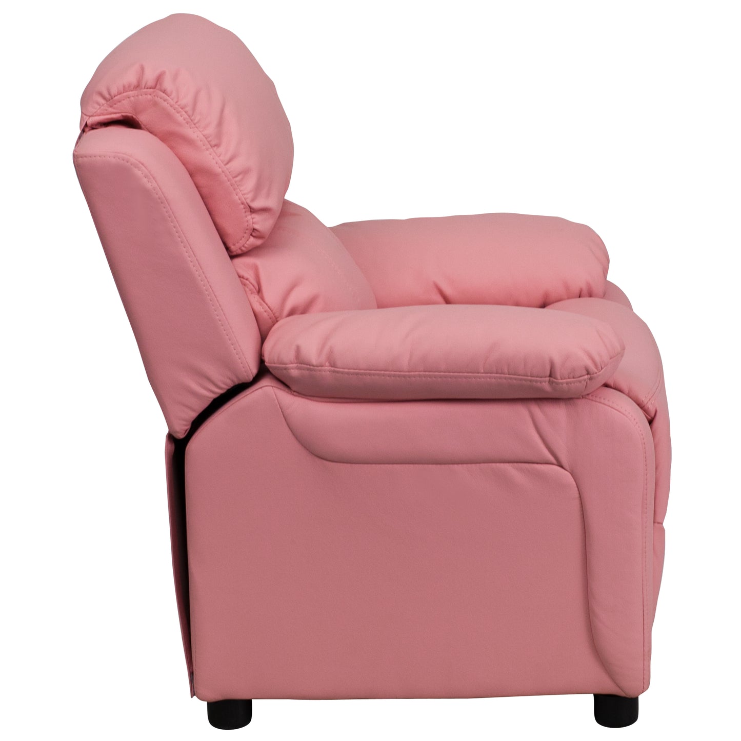 Charlie Deluxe Padded Contemporary Pink Vinyl Kids Recliner with Storage Arms Pink Vinyl