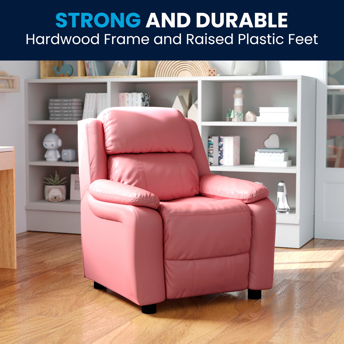 Charlie Deluxe Padded Contemporary Pink Vinyl Kids Recliner with Storage Arms Pink Vinyl