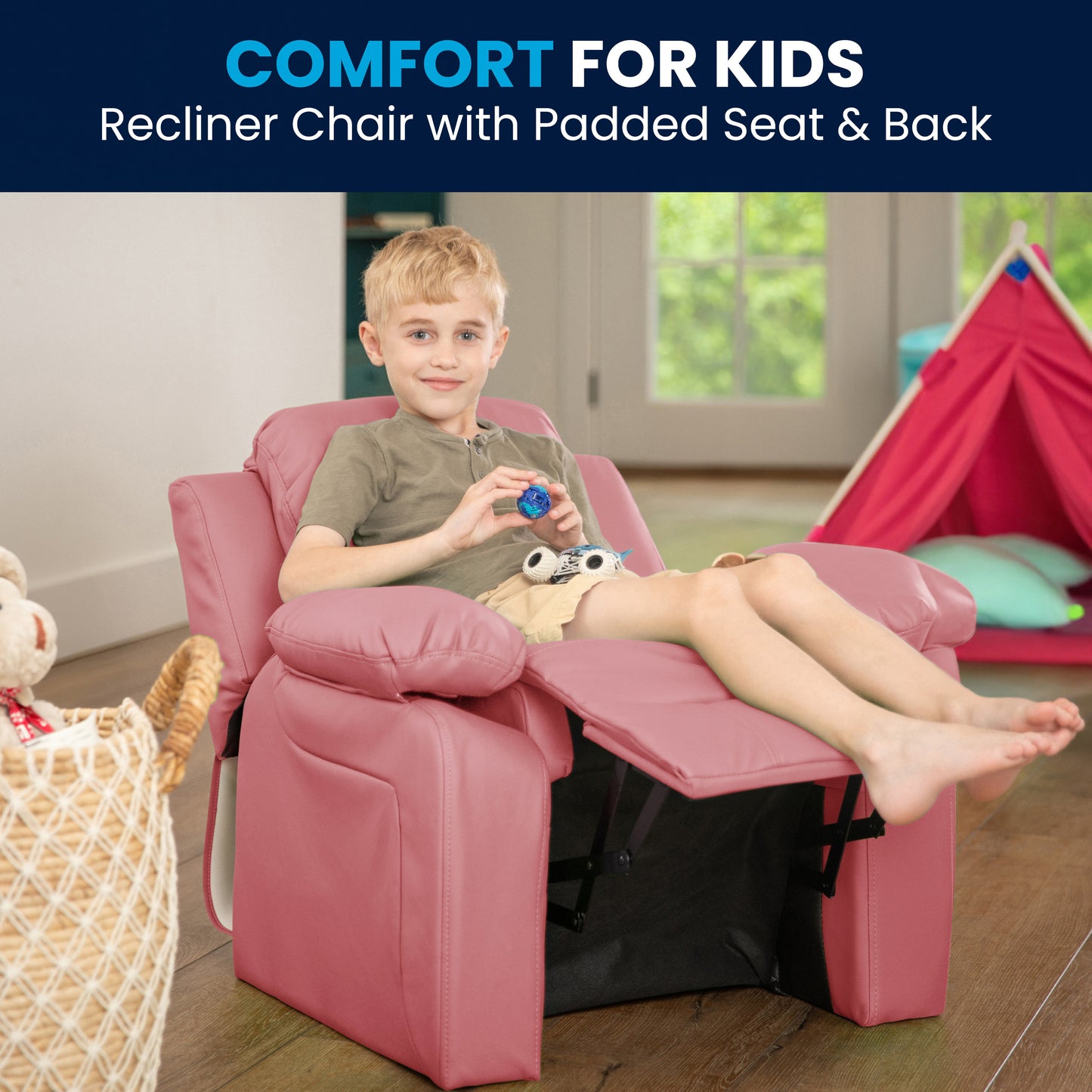 Charlie Deluxe Padded Contemporary Pink Vinyl Kids Recliner with Storage Arms Pink Vinyl