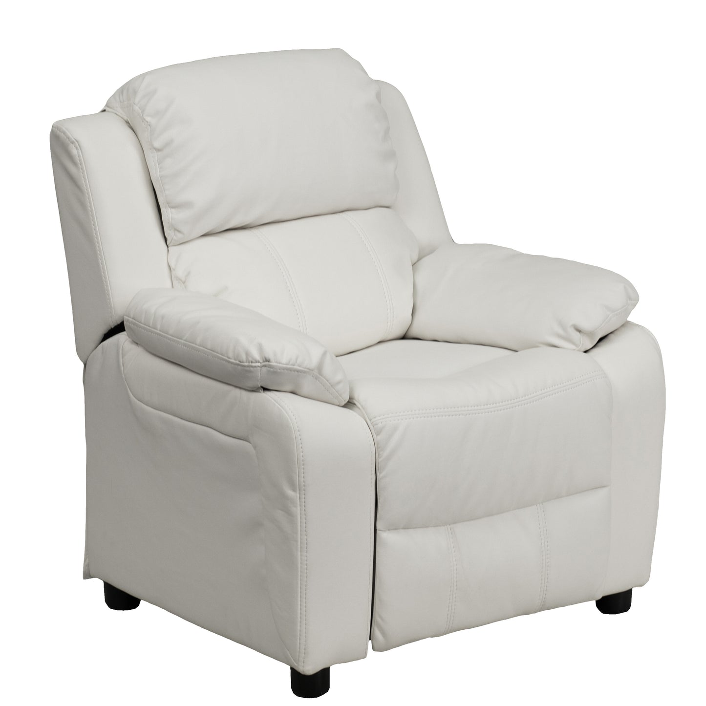 Charlie Deluxe Padded Contemporary White Vinyl Kids Recliner with Storage Arms White Vinyl