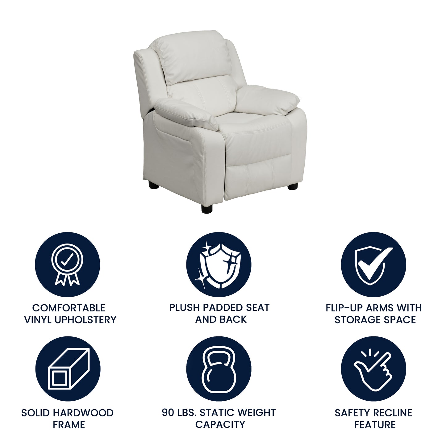 Charlie Deluxe Padded Contemporary White Vinyl Kids Recliner with Storage Arms White Vinyl