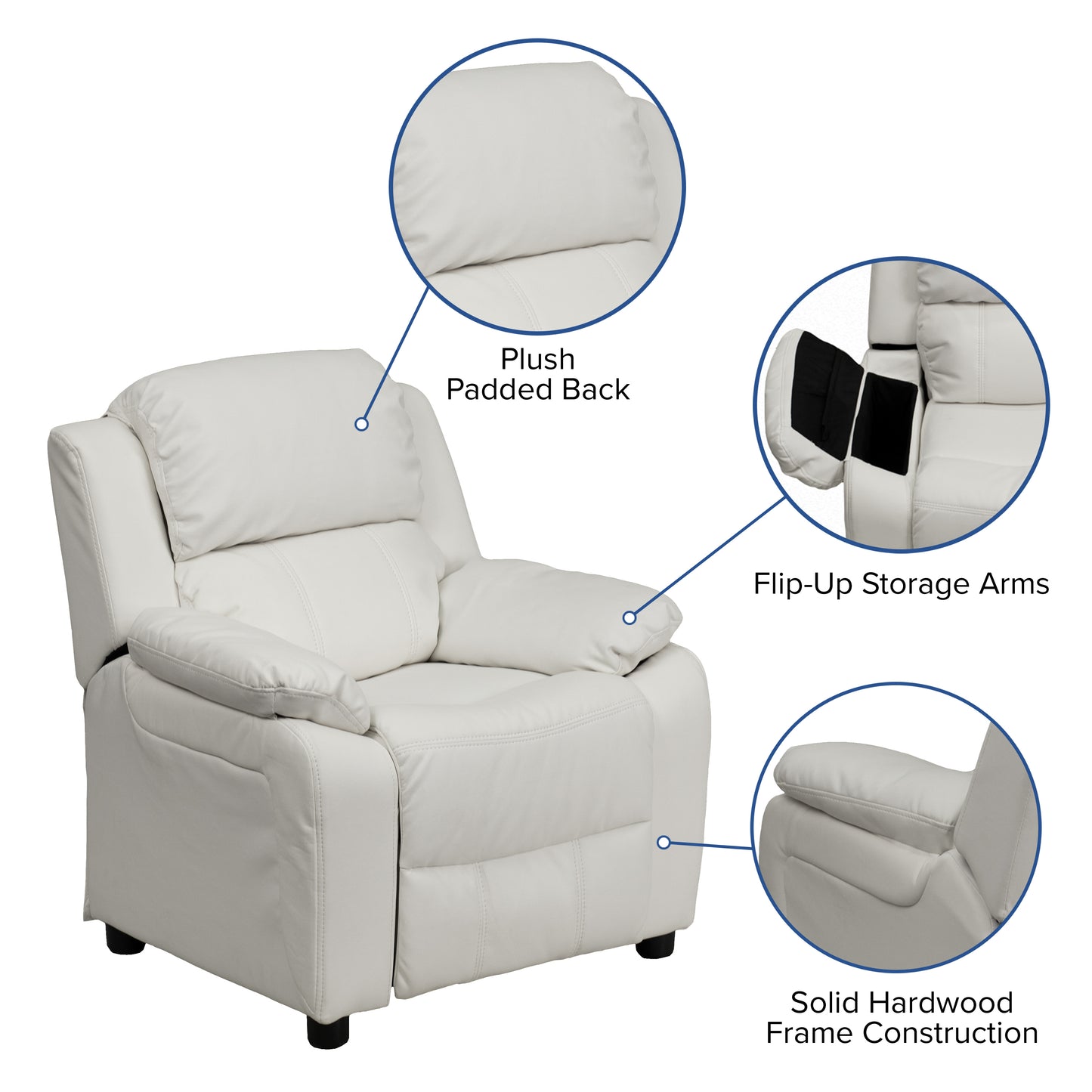 Charlie Deluxe Padded Contemporary White Vinyl Kids Recliner with Storage Arms White Vinyl