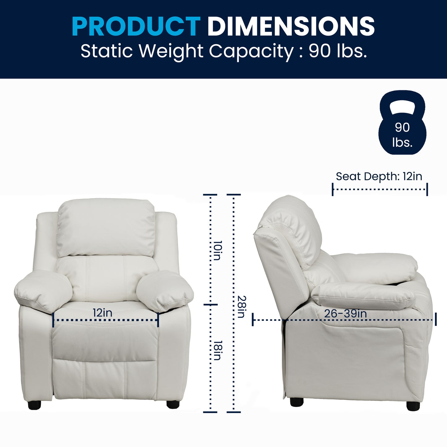 Charlie Deluxe Padded Contemporary White Vinyl Kids Recliner with Storage Arms White Vinyl