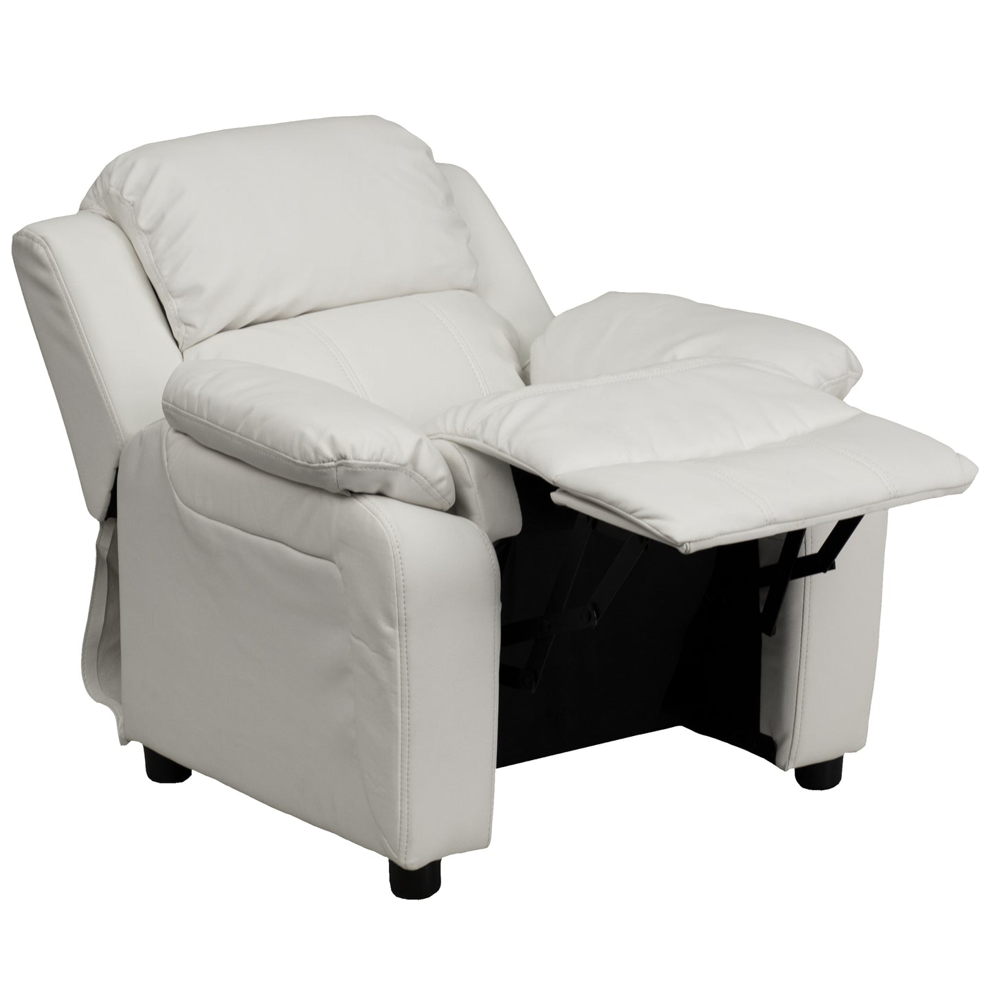 Charlie Deluxe Padded Contemporary White Vinyl Kids Recliner with Storage Arms White Vinyl