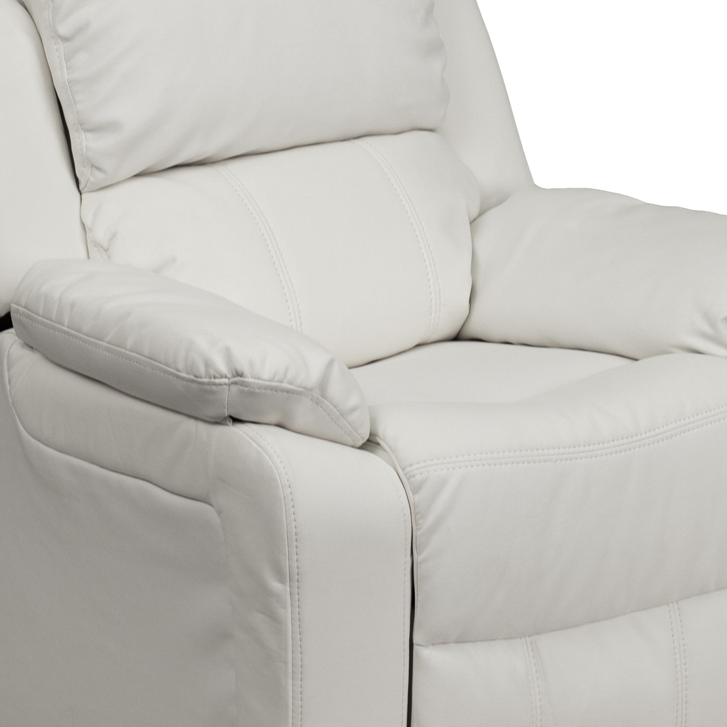Charlie Deluxe Padded Contemporary White Vinyl Kids Recliner with Storage Arms White Vinyl