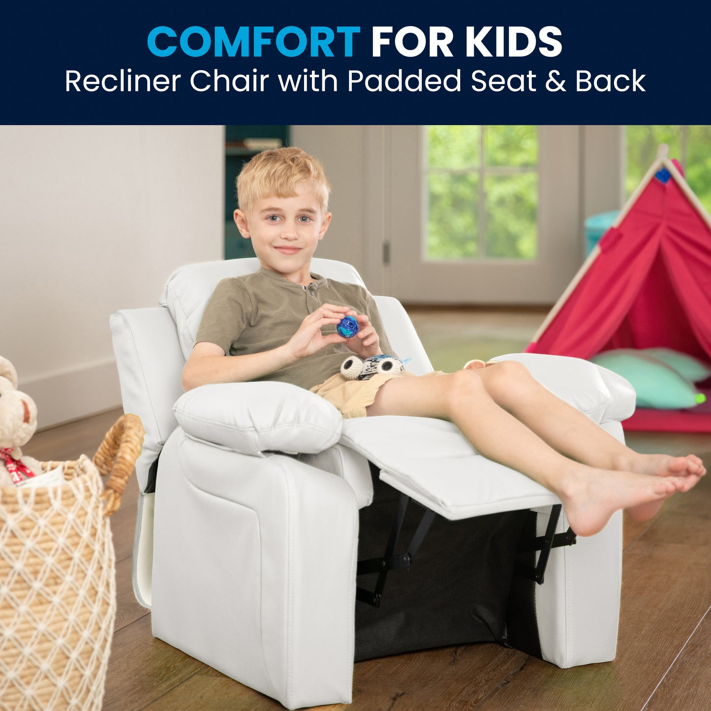 Charlie Deluxe Padded Contemporary White Vinyl Kids Recliner with Storage Arms White Vinyl