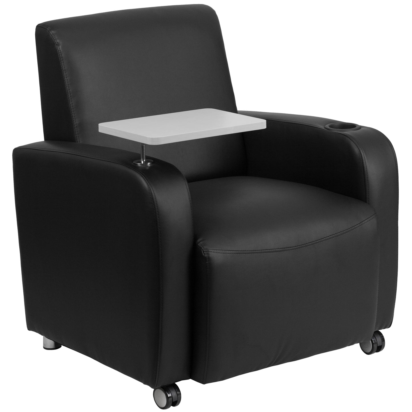 George Black LeatherSoft Guest Chair with Tablet Arm, Front Wheel Casters and Cup Holder Black