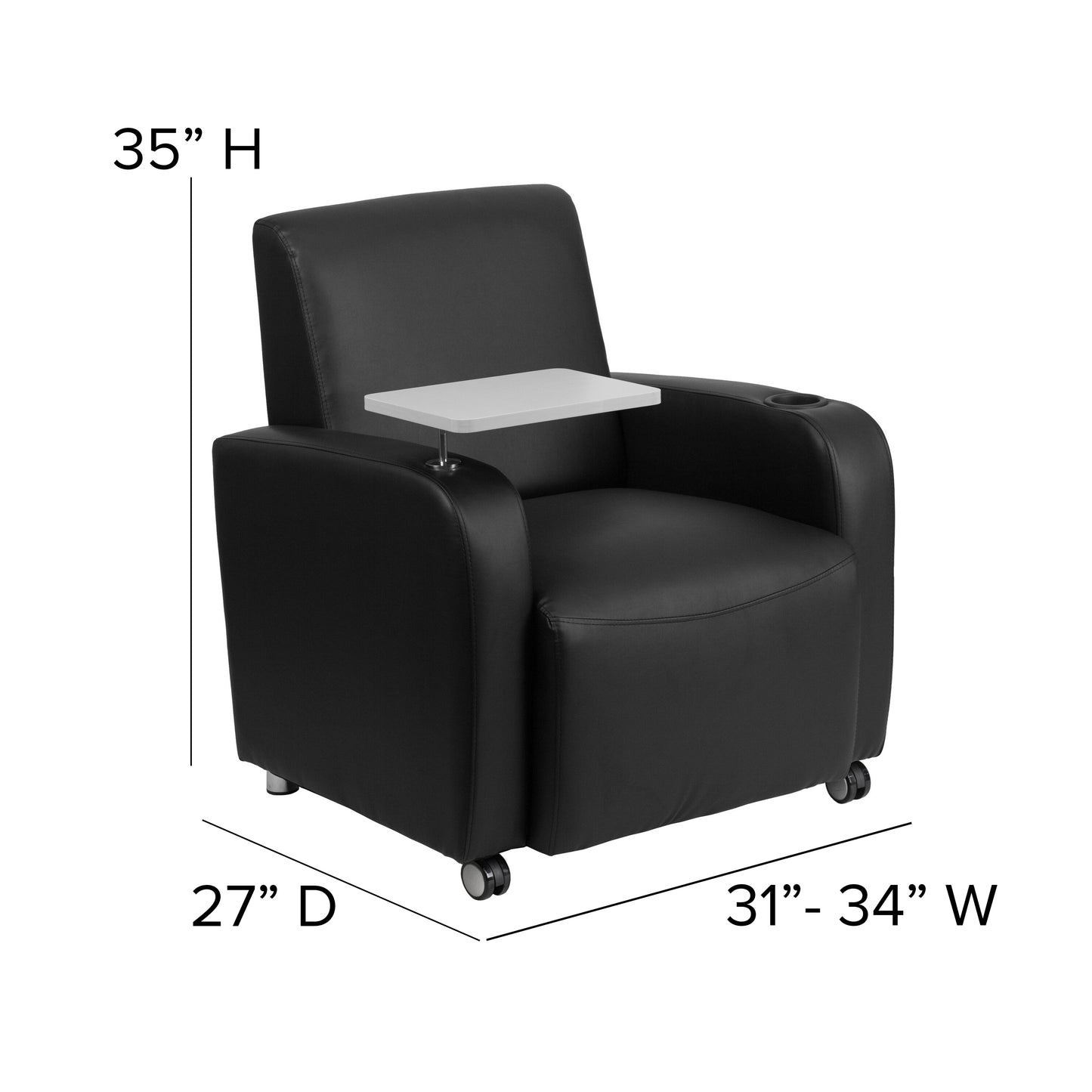 George Black LeatherSoft Guest Chair with Tablet Arm, Front Wheel Casters and Cup Holder Black