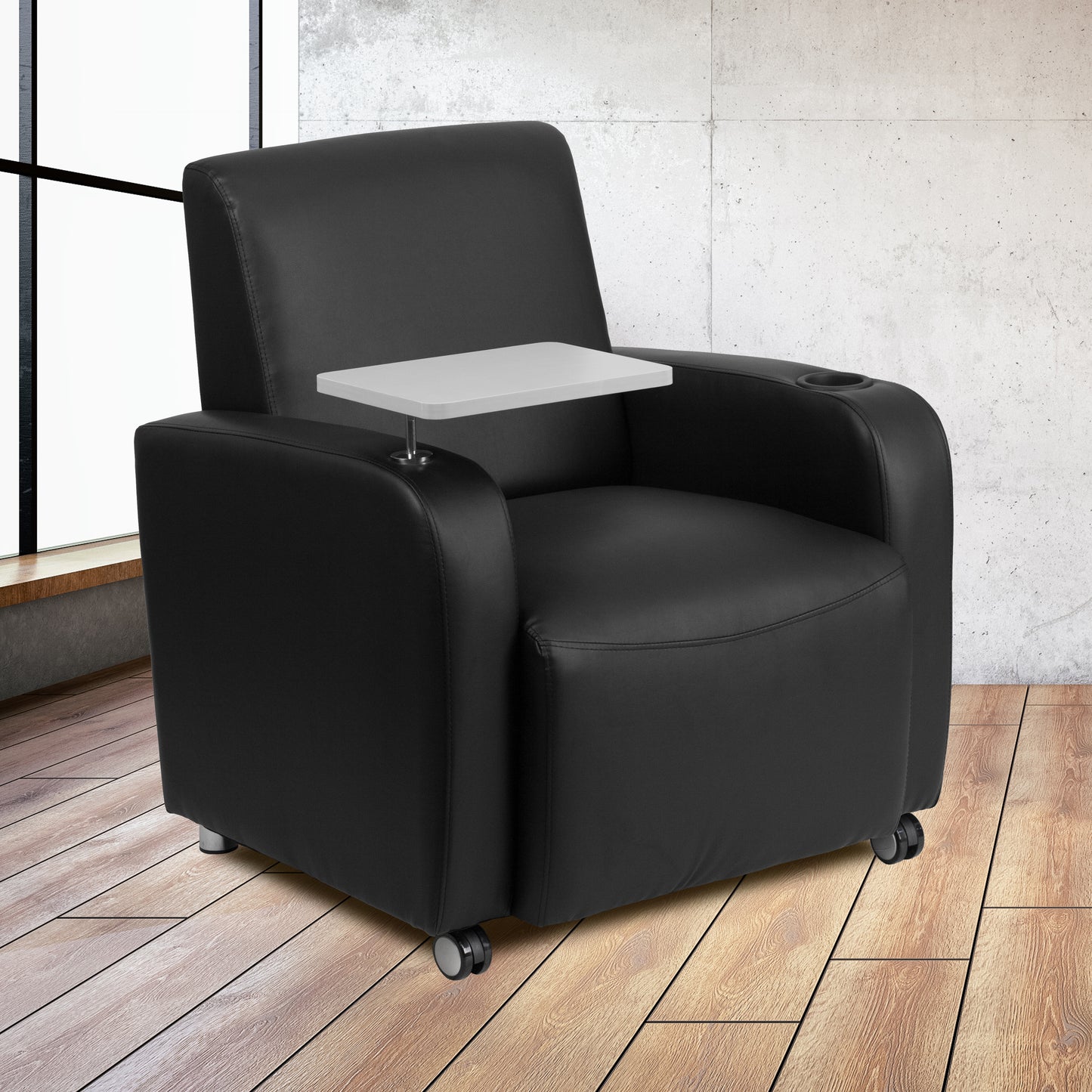 George Black LeatherSoft Guest Chair with Tablet Arm, Front Wheel Casters and Cup Holder Black