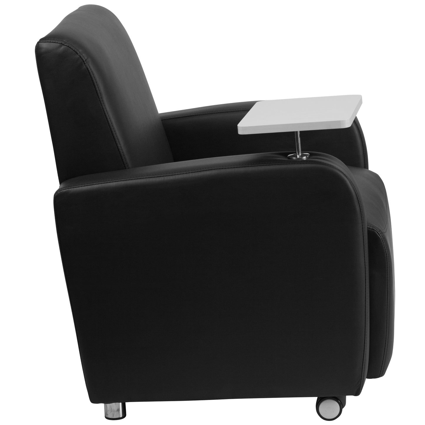 George Black LeatherSoft Guest Chair with Tablet Arm, Front Wheel Casters and Cup Holder Black