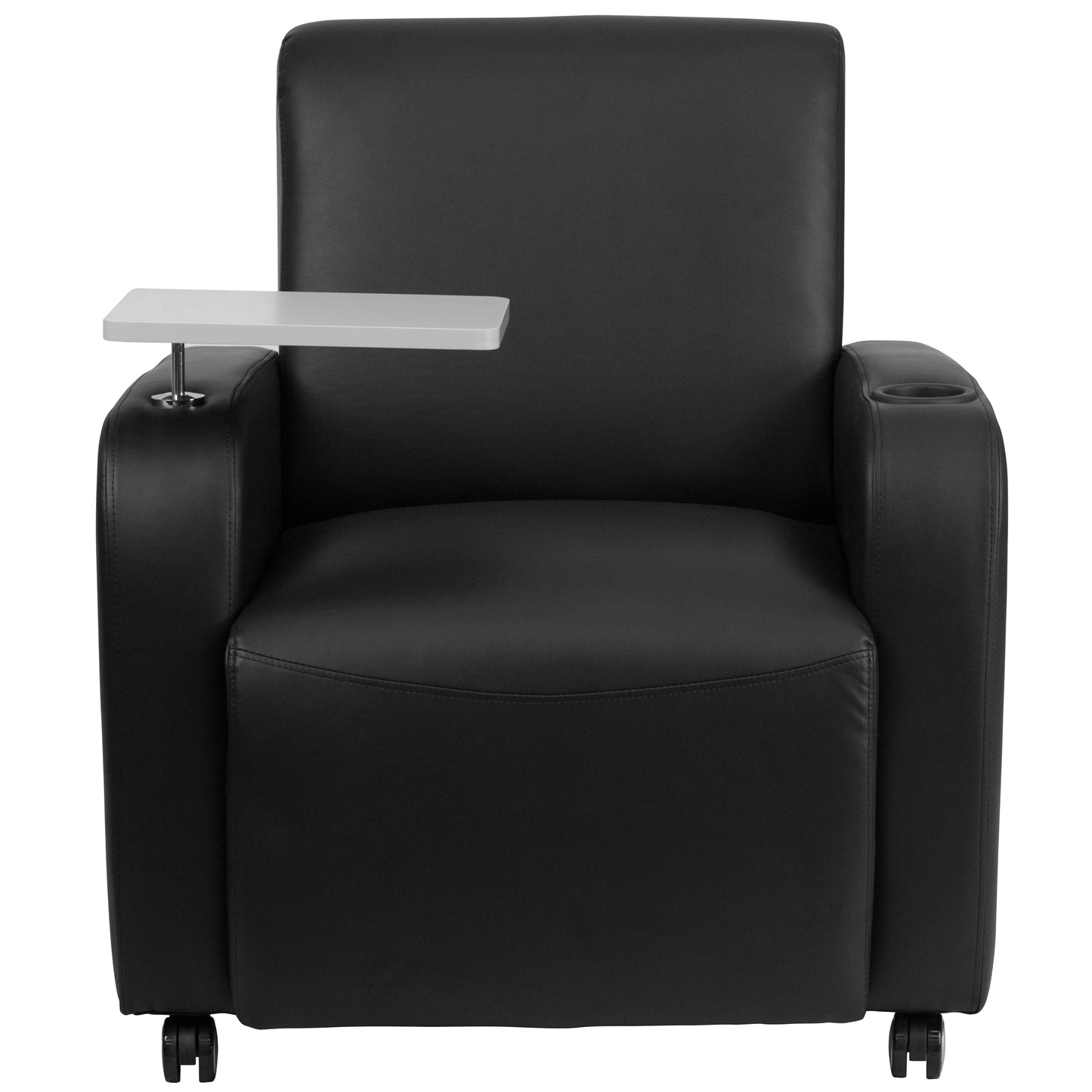 George Black LeatherSoft Guest Chair with Tablet Arm, Front Wheel Casters and Cup Holder Black