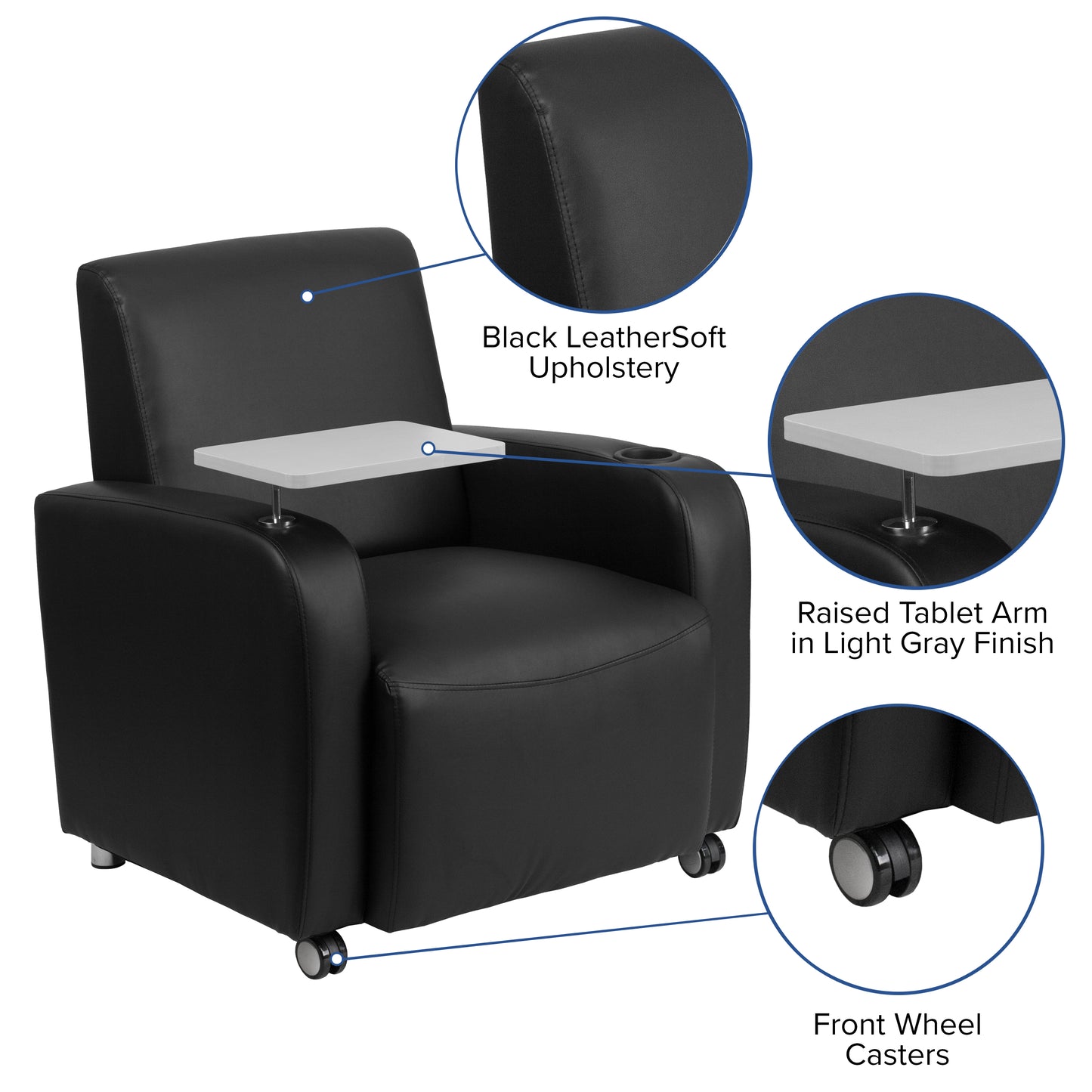 George Black LeatherSoft Guest Chair with Tablet Arm, Front Wheel Casters and Cup Holder Black