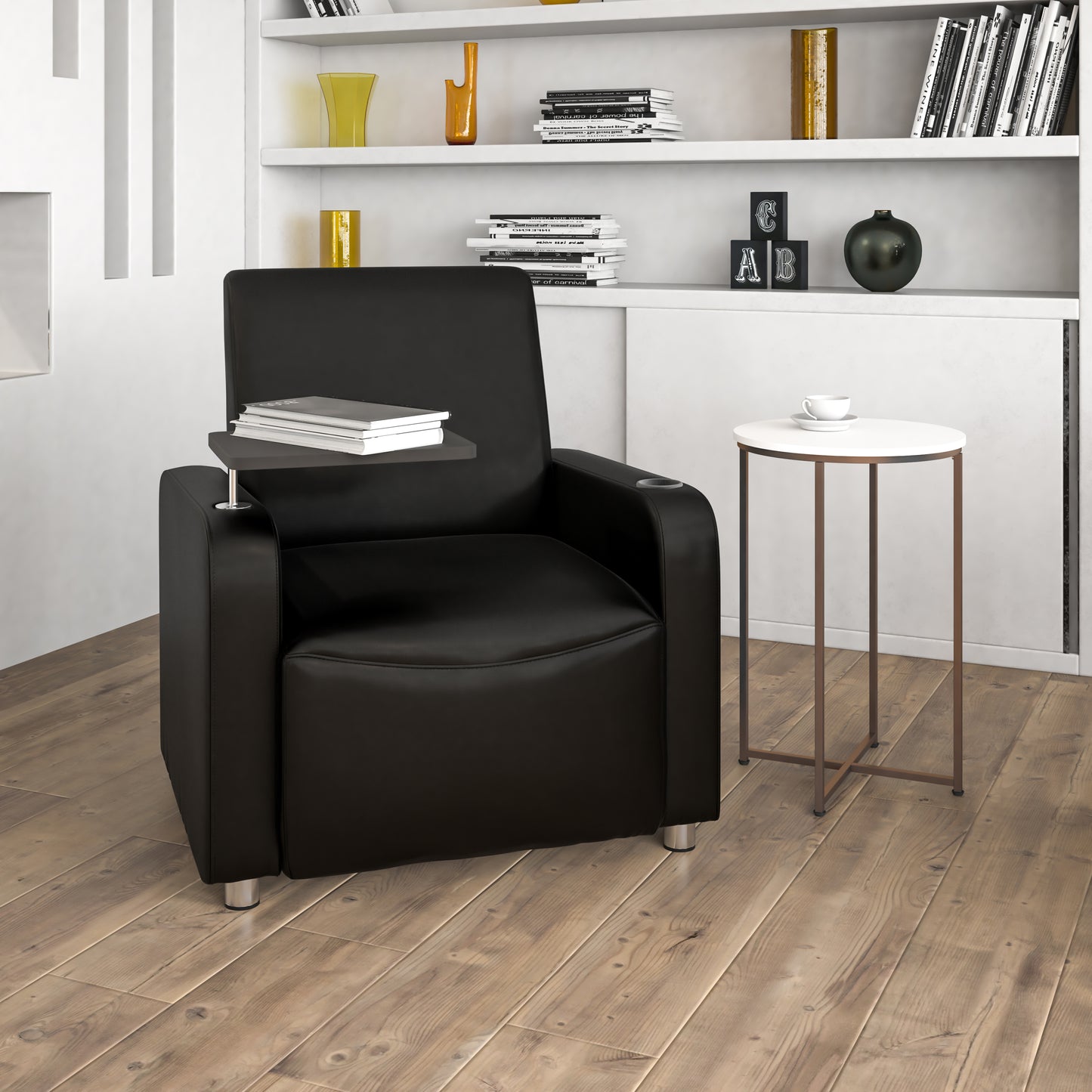 George Black LeatherSoft Guest Chair with Tablet Arm, Chrome Legs and Cup Holder Black