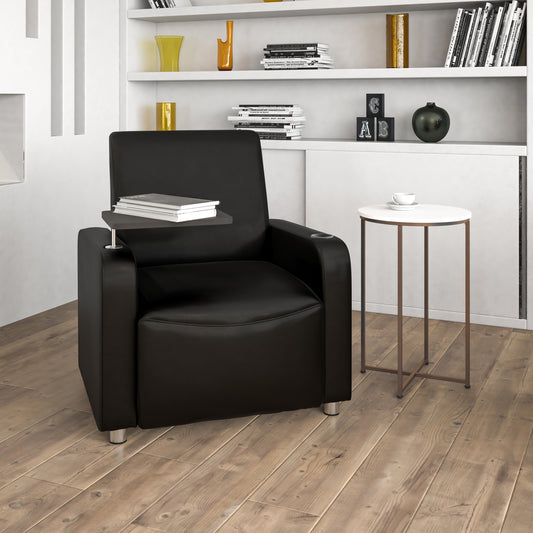 George Black LeatherSoft Guest Chair with Tablet Arm, Chrome Legs and Cup Holder Black