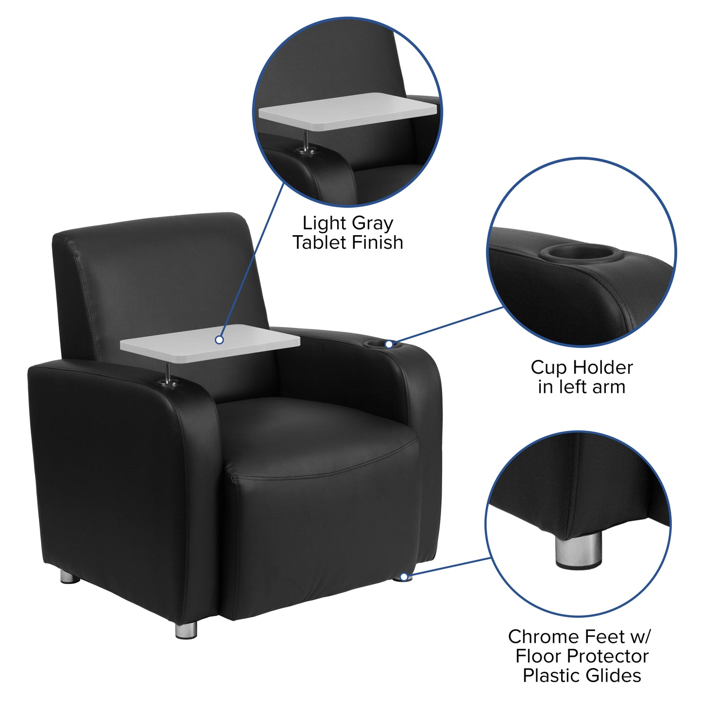 George Black LeatherSoft Guest Chair with Tablet Arm, Chrome Legs and Cup Holder Black