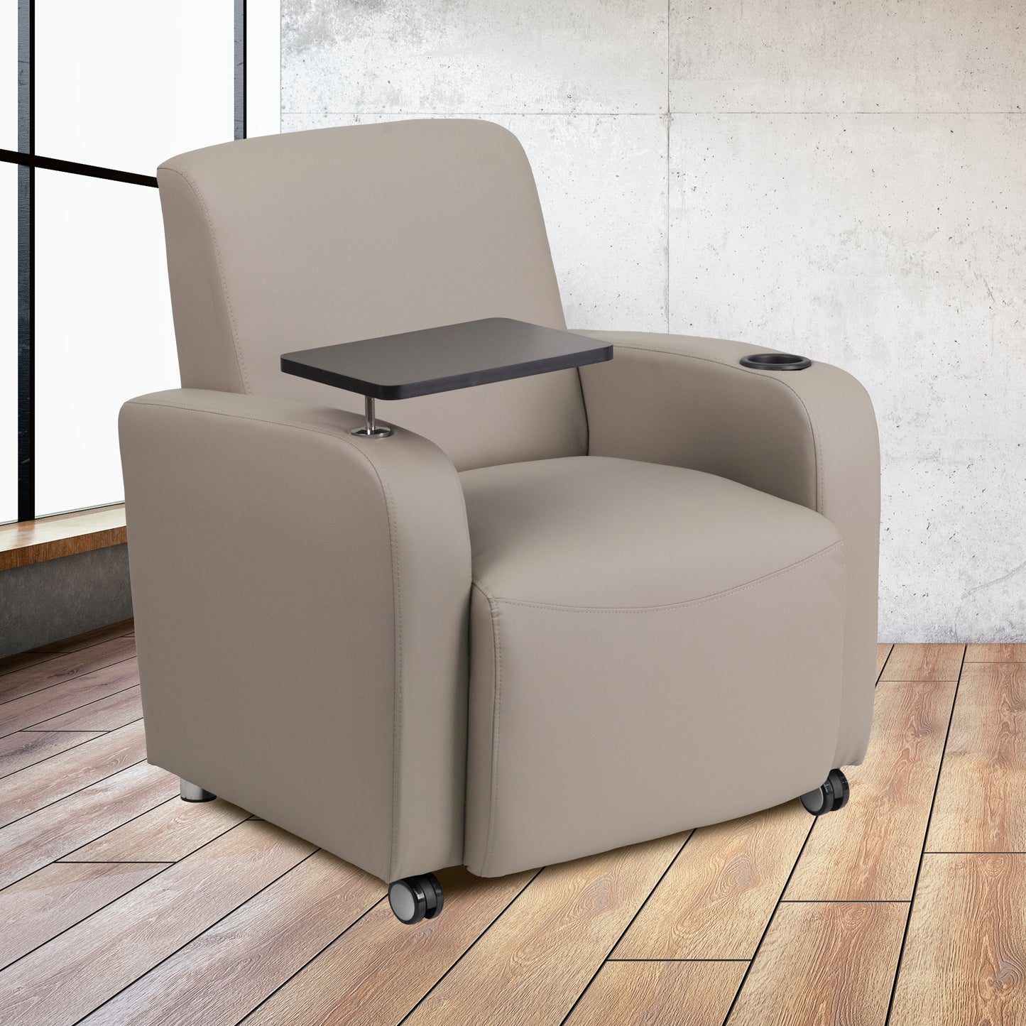 George Gray LeatherSoft Guest Chair with Tablet Arm, Front Wheel Casters and Cup Holder Gray