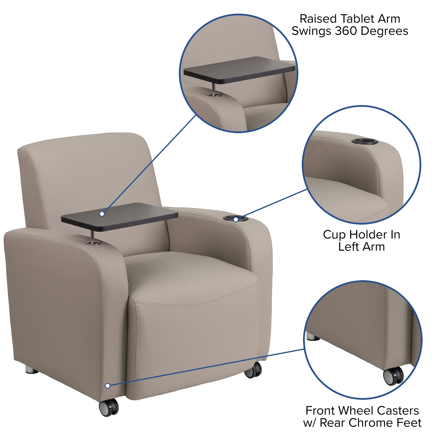 George Gray LeatherSoft Guest Chair with Tablet Arm, Front Wheel Casters and Cup Holder Gray