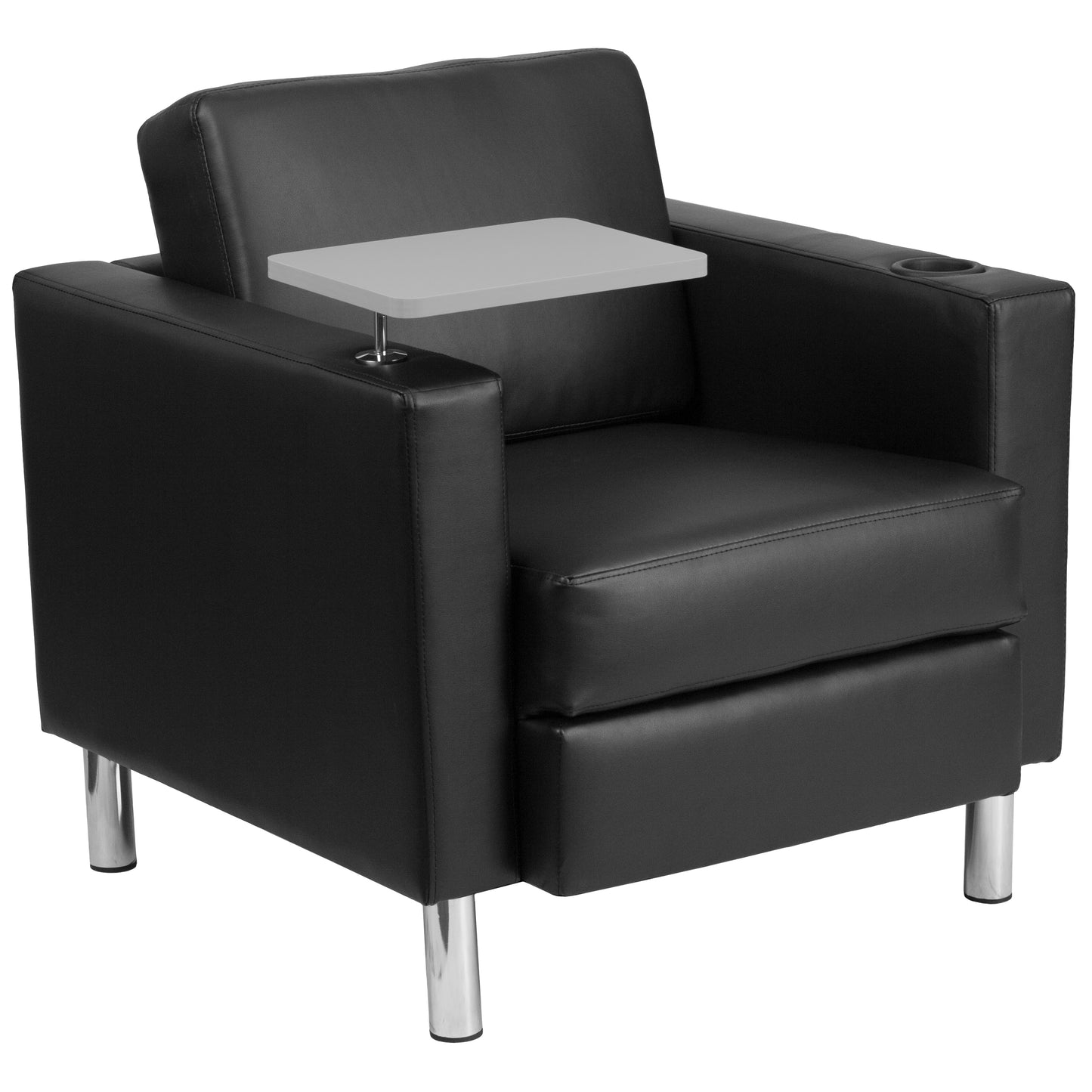 George Black LeatherSoft Guest Chair with Tablet Arm, Tall Chrome Legs and Cup Holder Black LeatherSoft