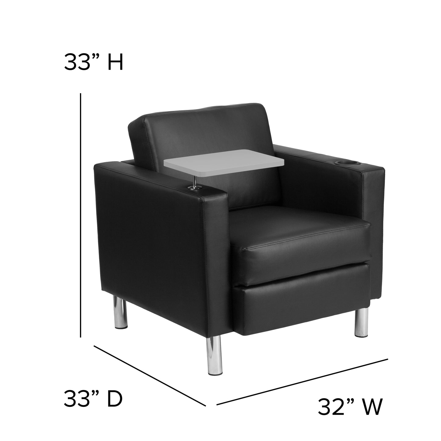 George Black LeatherSoft Guest Chair with Tablet Arm, Tall Chrome Legs and Cup Holder Black LeatherSoft