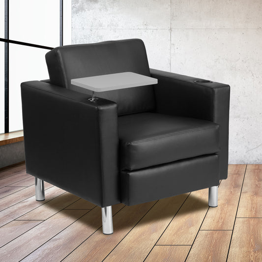 George Black LeatherSoft Guest Chair with Tablet Arm, Tall Chrome Legs and Cup Holder Black LeatherSoft
