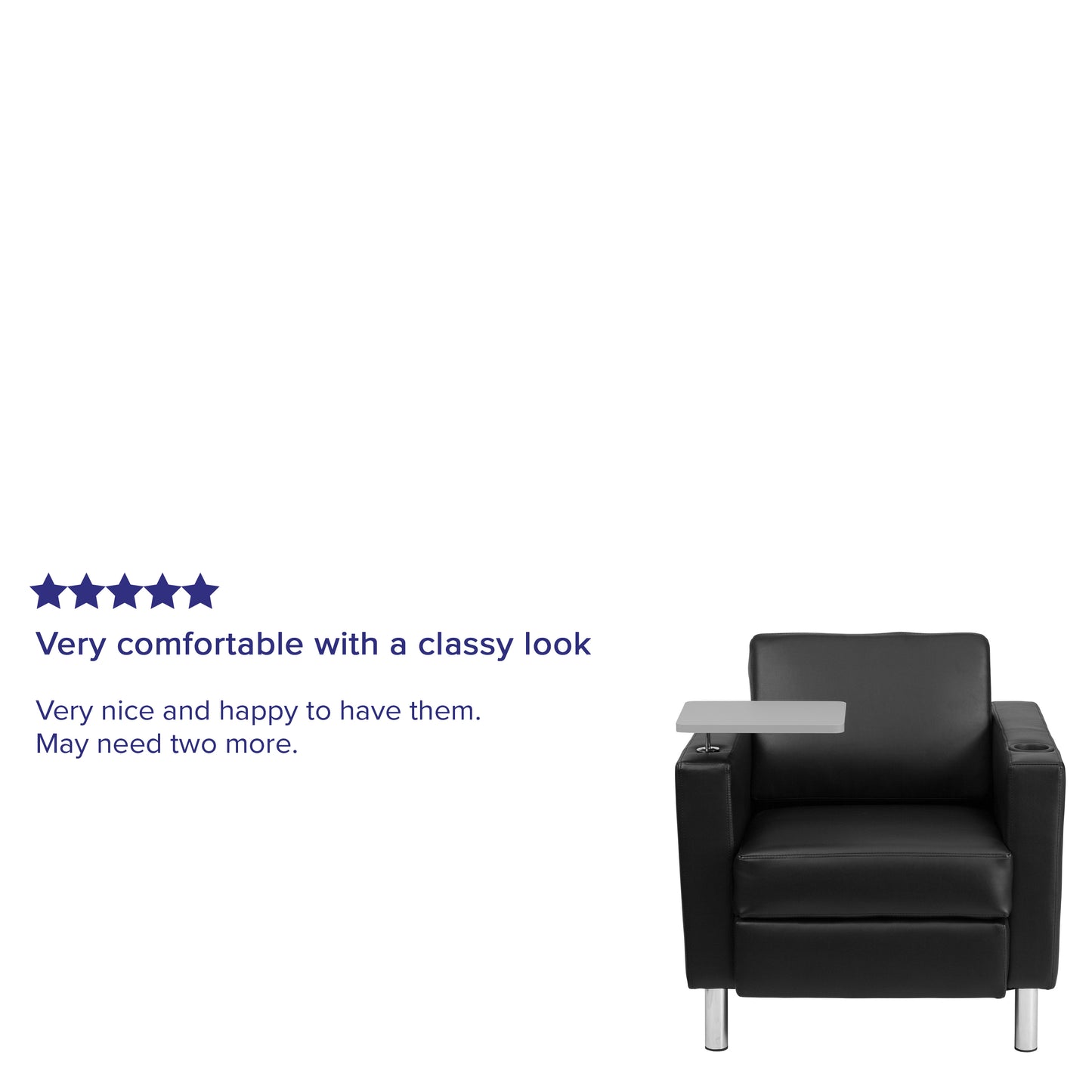 George Black LeatherSoft Guest Chair with Tablet Arm, Tall Chrome Legs and Cup Holder Black LeatherSoft